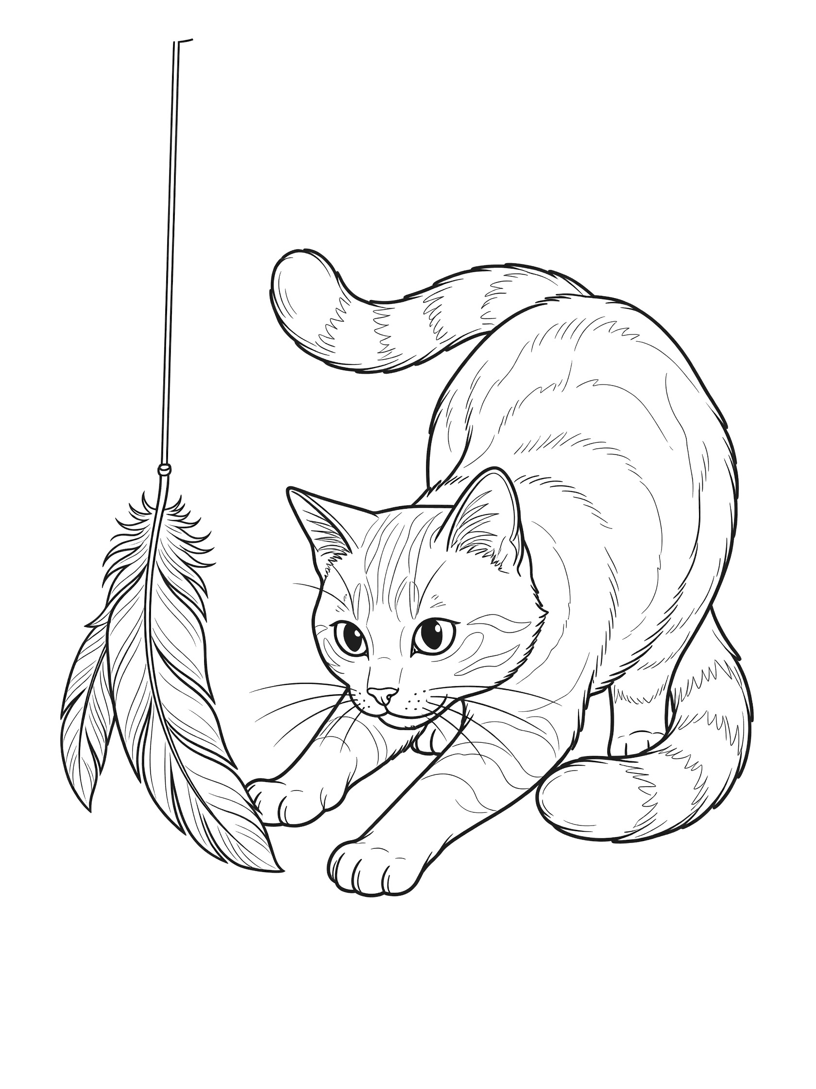 Black and white line art coloring page showing a cute domestic cat focused intently, crouching and pawing at a feather toy on a string, kawaii style.