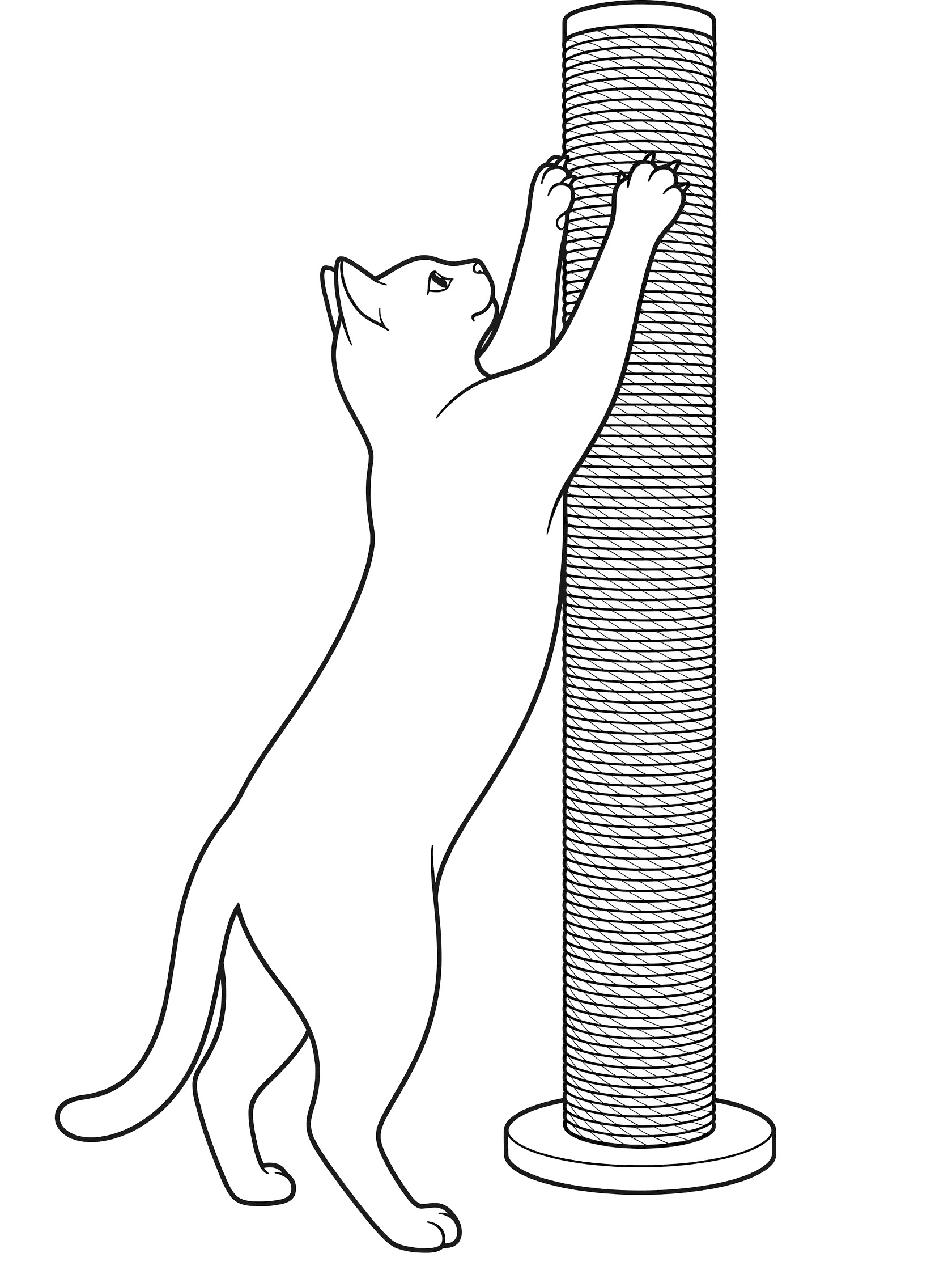 Black and white line art of a domestic cat with arched back and extended claws scratching a tall textured scratching post, coloring book style.
