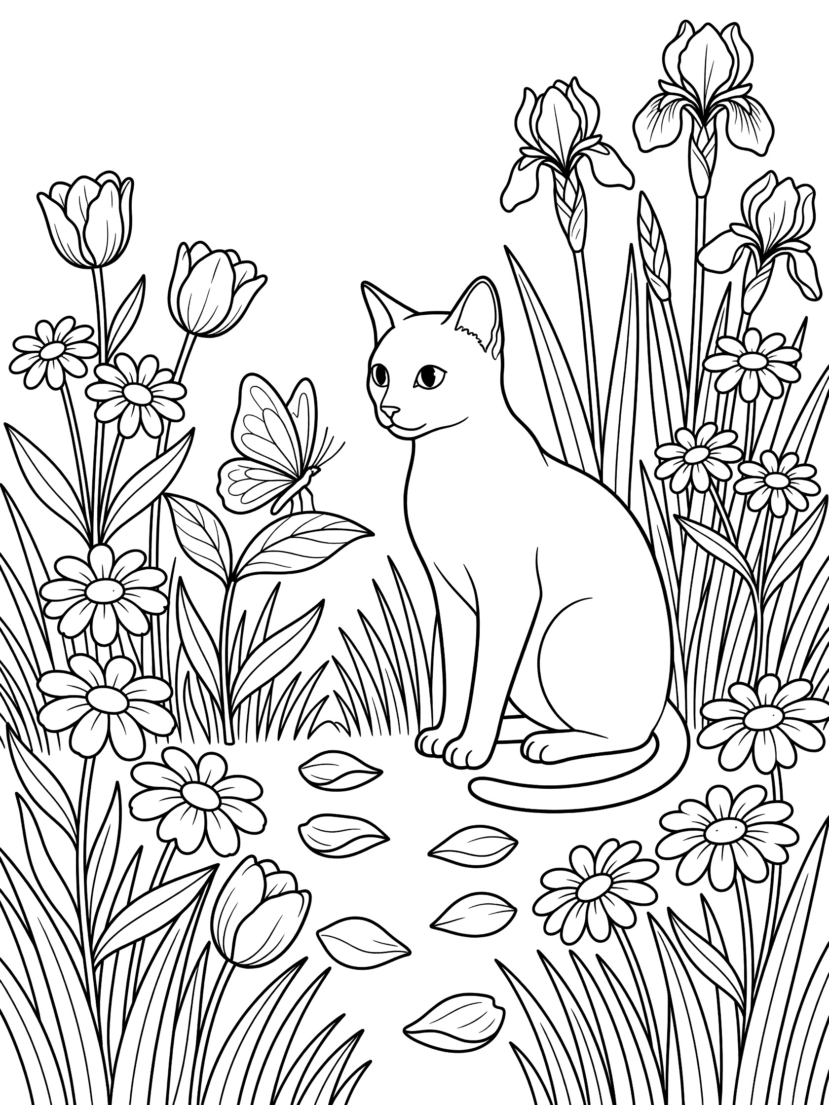 Black and white line art coloring page showing a sitting cat with pointy ears surrounded by blooming flowers, tall grass blades, leaves, and a butterfly on a leaf. Siamese Cats themed black and white printable line art