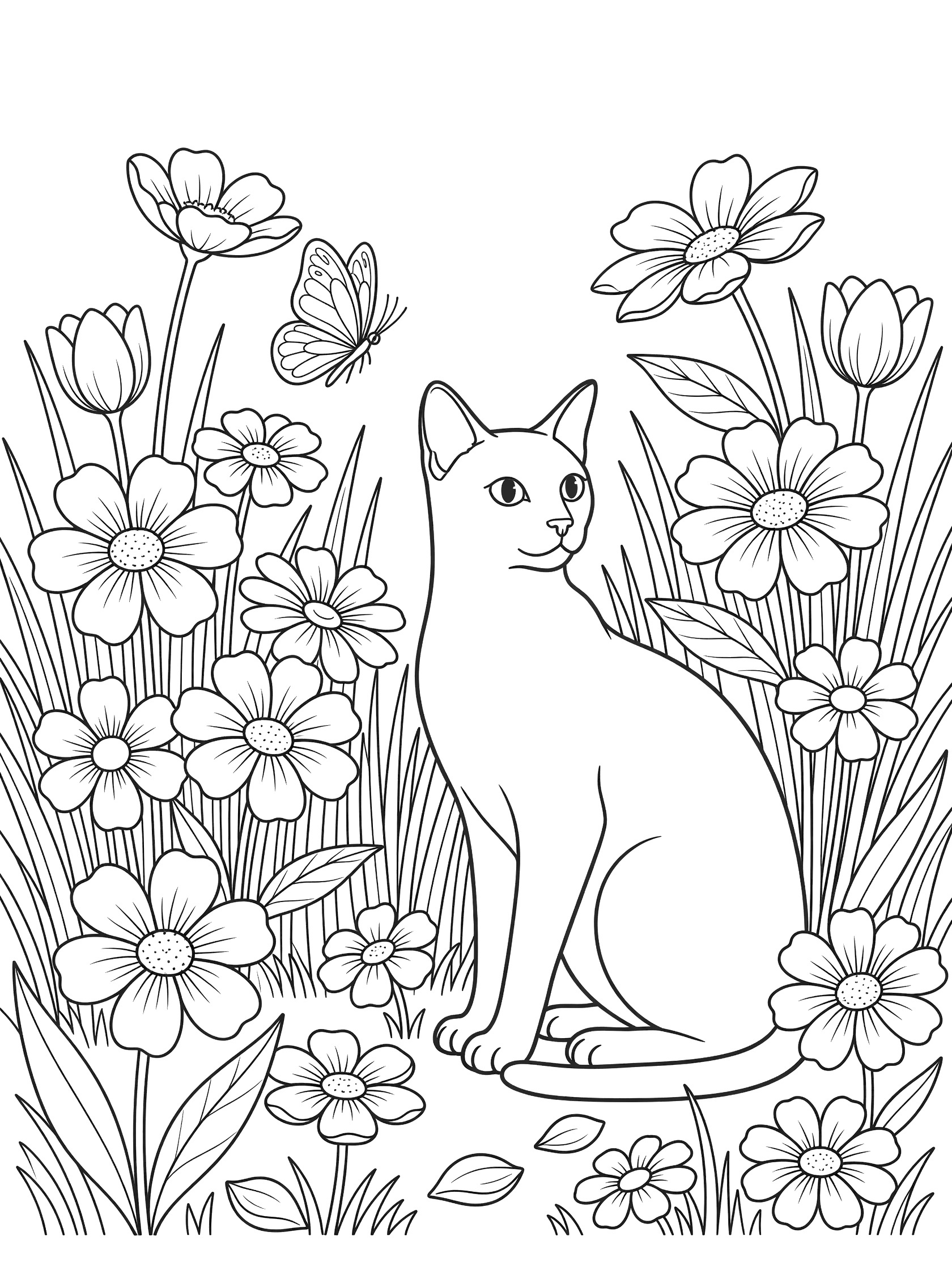 Black and white line art coloring page showing a sleek cat with pointy ears and almond eyes sitting in tall grass surrounded by large flowers and a butterfly on a leaf. Siamese Cats themed black and white printable line art