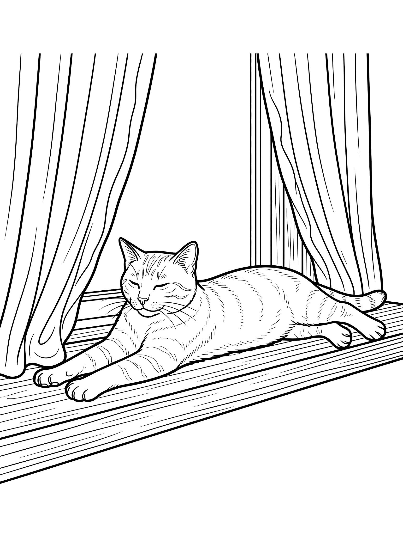 Black and white line art coloring page showing a tabby domestic cat stretching with front paws forward on a wide windowsill, back paws extended, near curtains