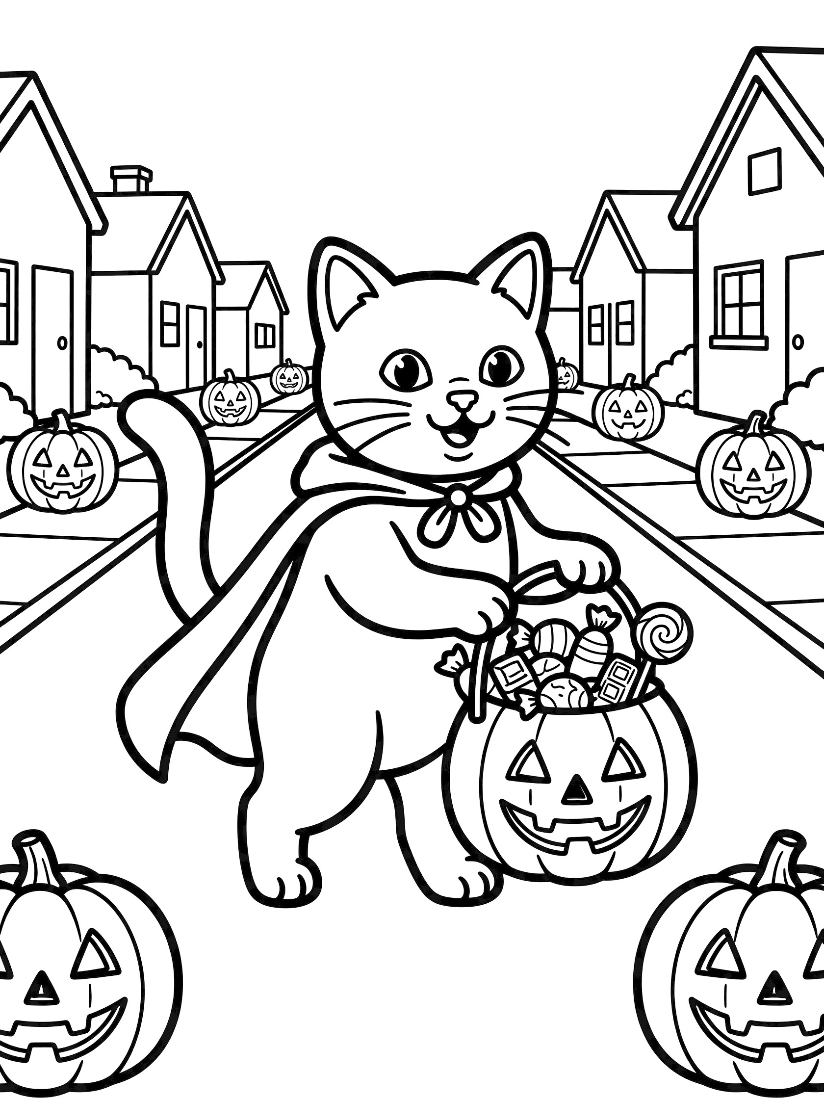 Bold line art coloring page showing a happy cat wearing a cape and carrying an overflowing pumpkin-shaped candy bucket while walking past houses lined with glowing jack-o-lanterns at dusk