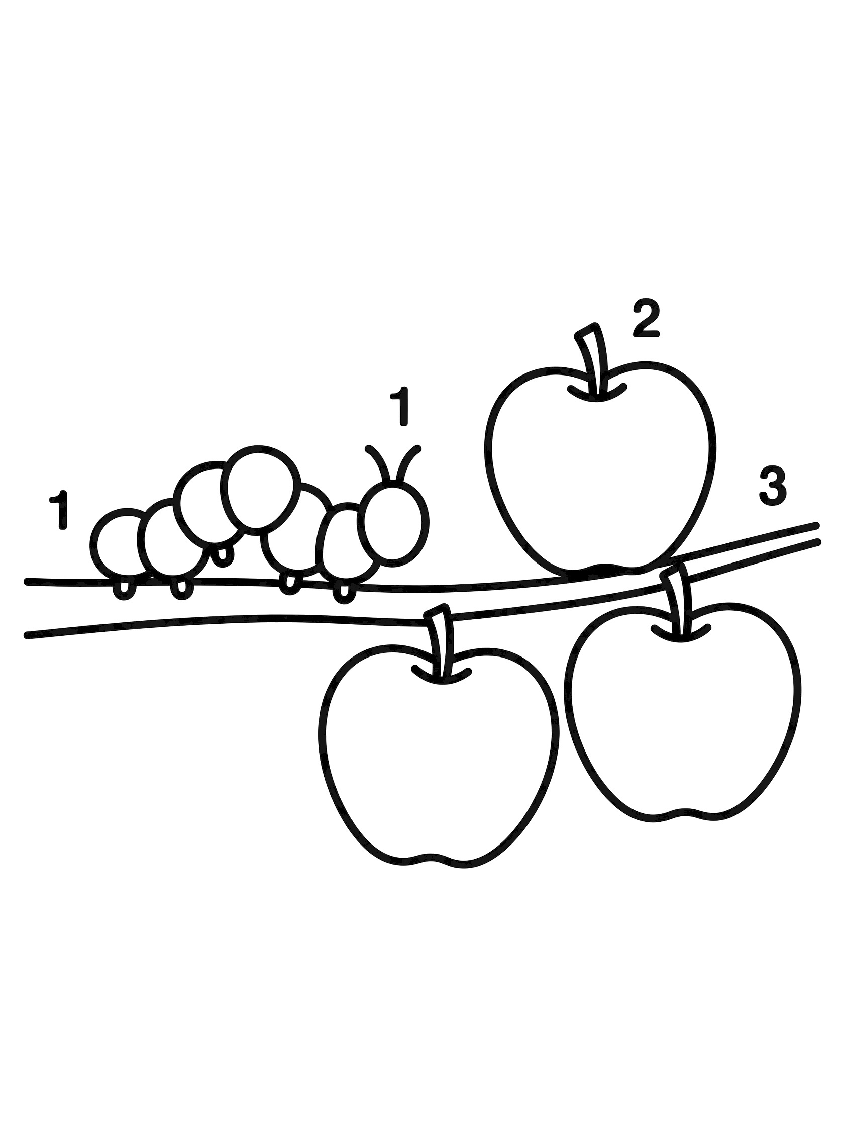Black and white line art coloring page showing a caterpillar on a branch with three round apples numbered 1, 2, and 3.