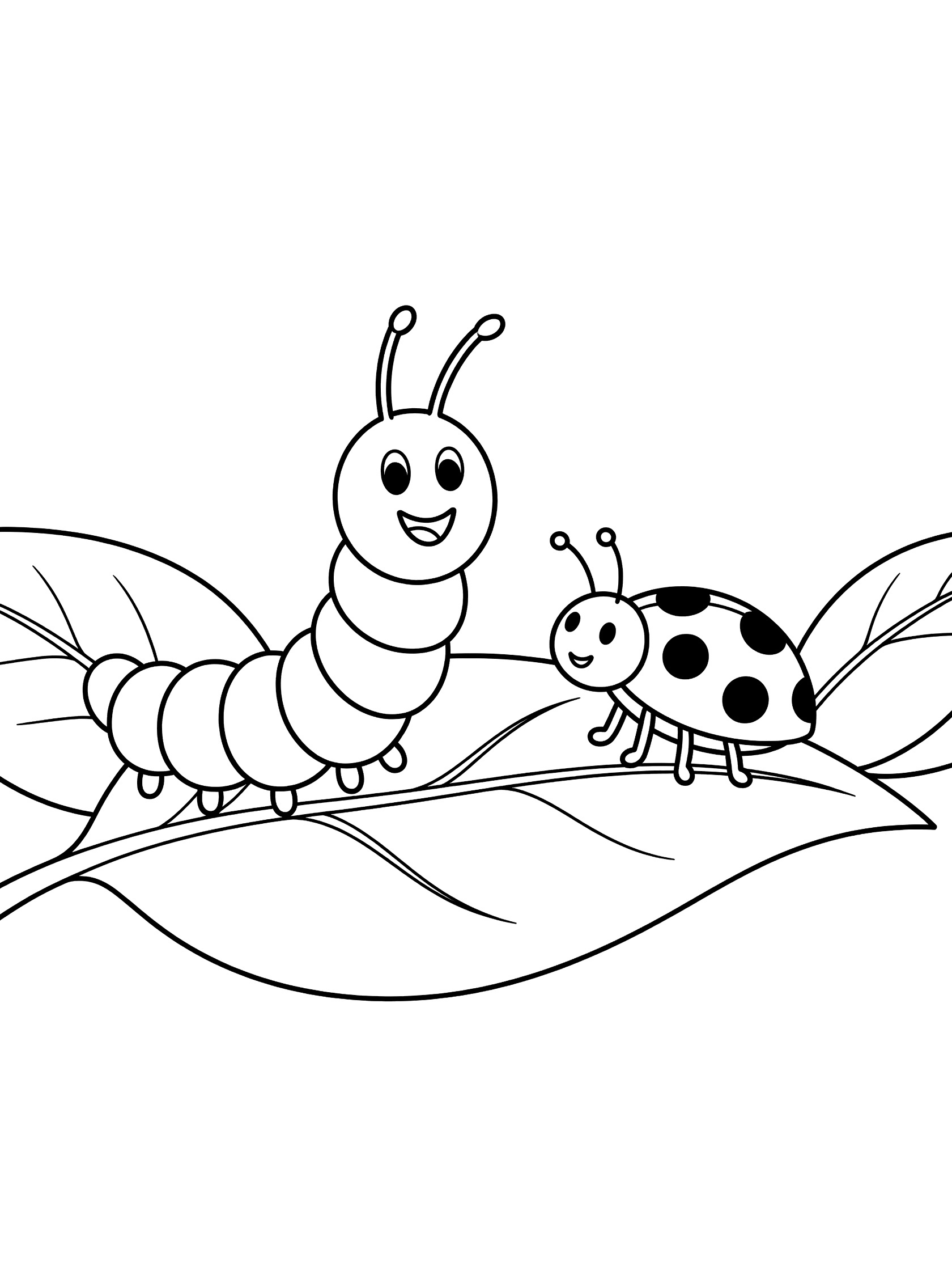 Black and white line art coloring page showing a smiling caterpillar with antennae next to a spotted ladybug on large leaves.