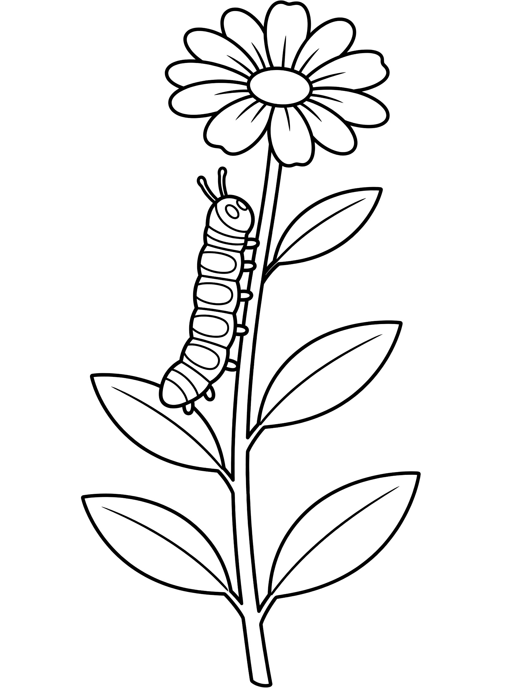 Black and white line art coloring page showing a caterpillar climbing a tall daisy flower stem with green leaves