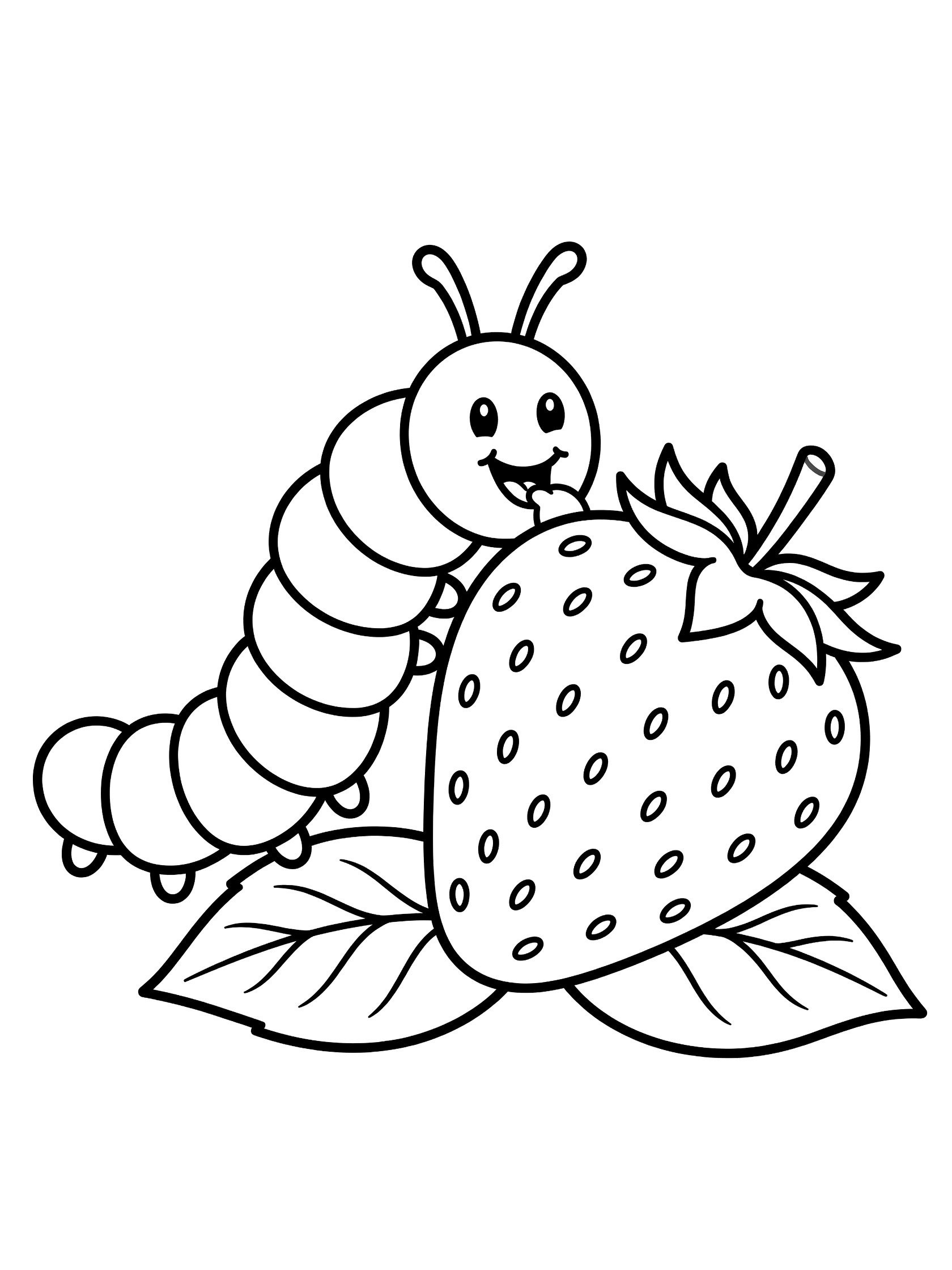 Black and white line art coloring page showing a happy caterpillar biting into a big strawberry with tiny seeds, green stem and leaves.