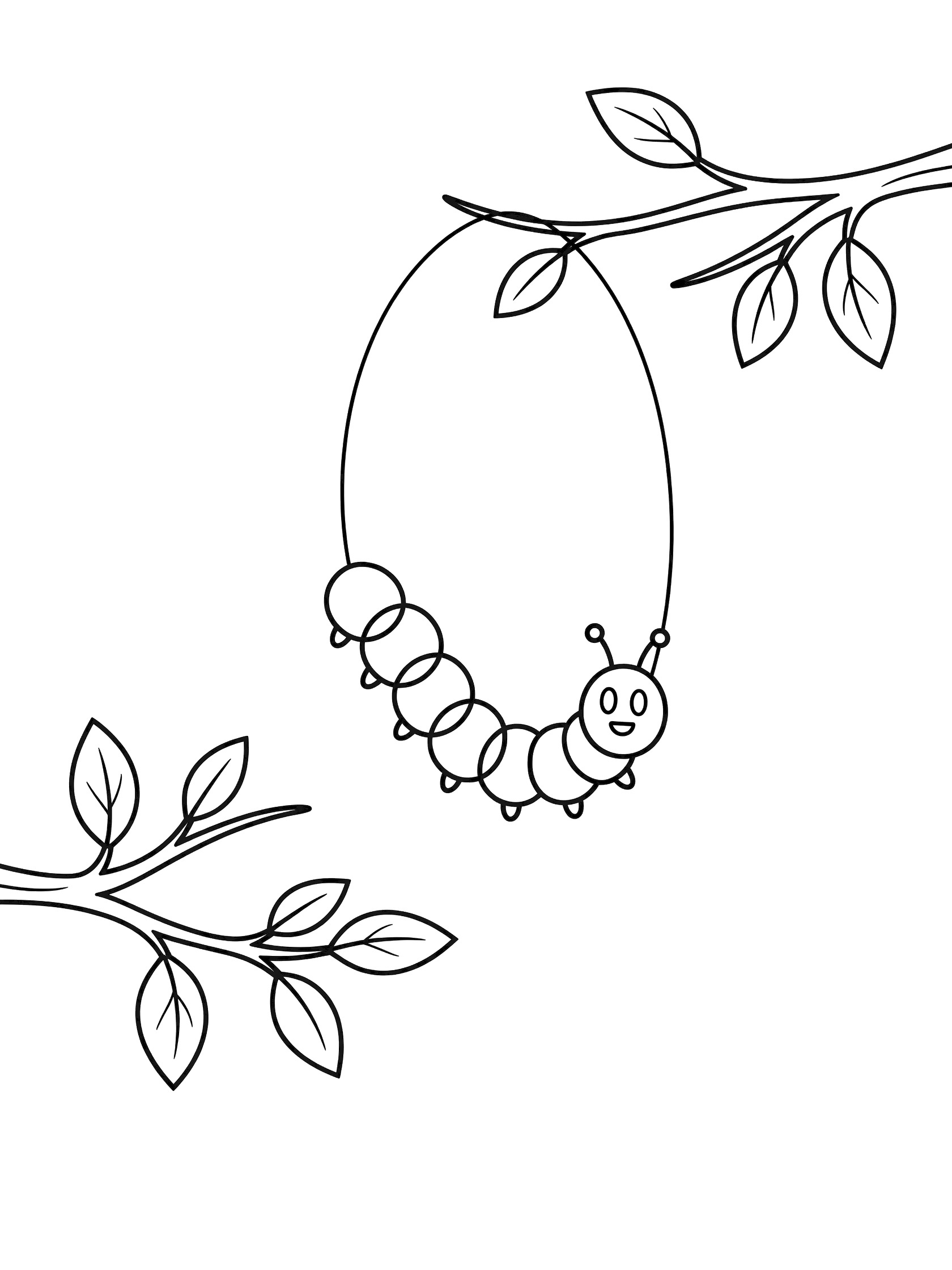 Black and white line drawing of a smiling caterpillar hanging from a thread between tree branches with simple leaves, printable coloring page.