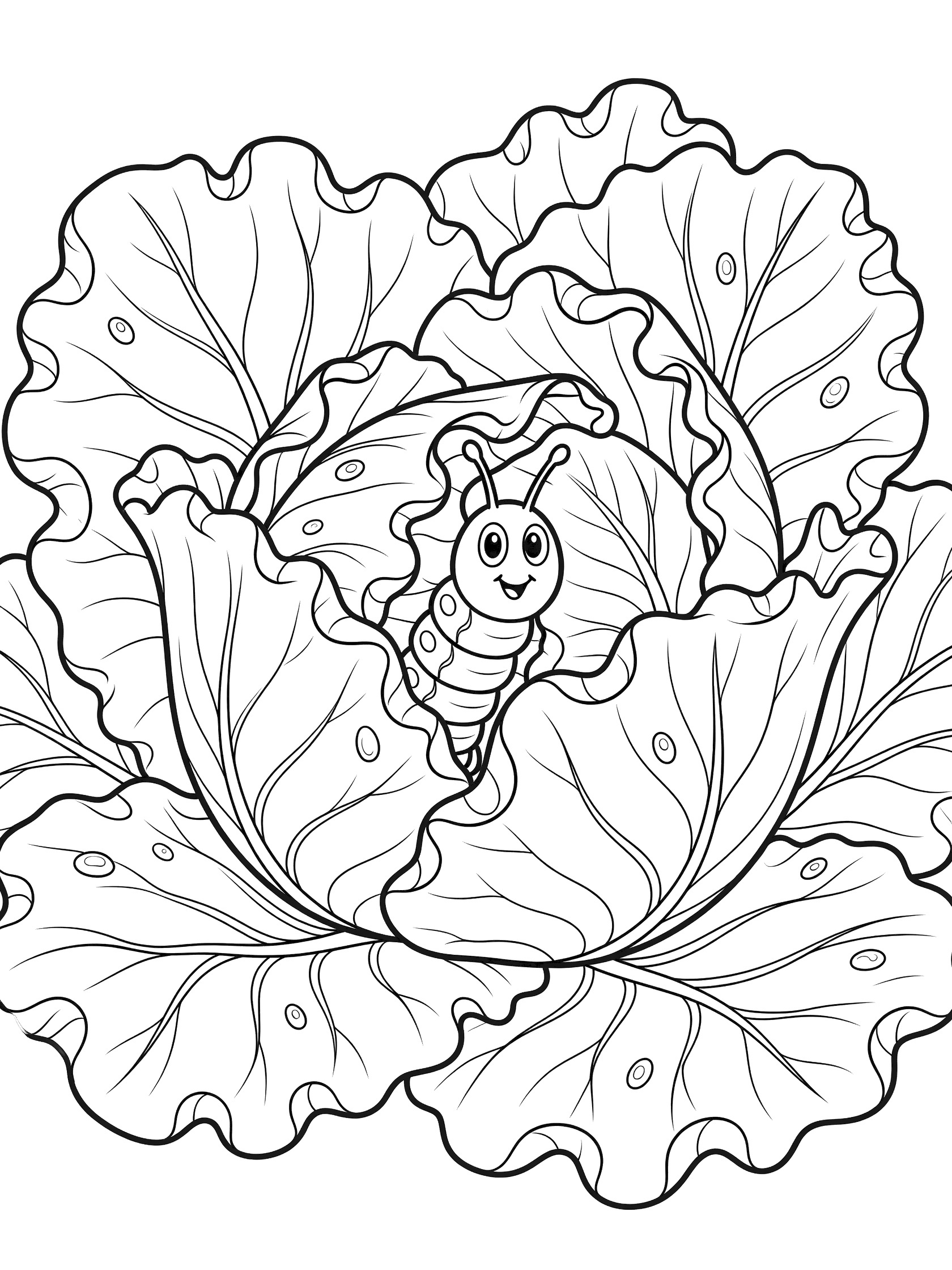 Black and white line art coloring page showing a cute caterpillar peeking out from layered cabbage leaves with curly edges and dew drops.