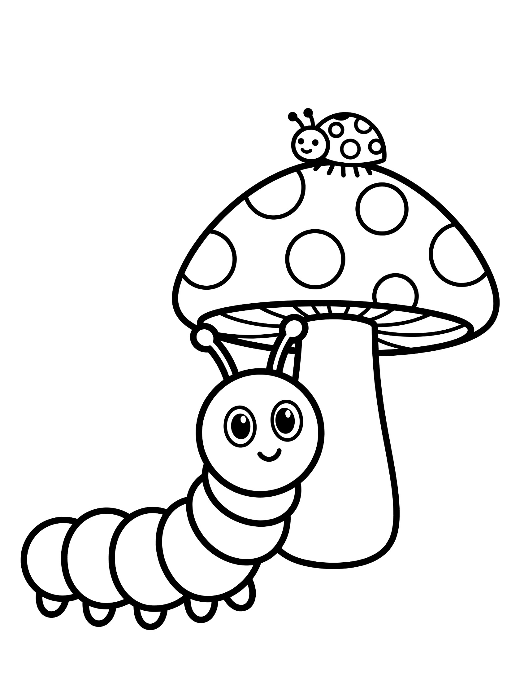 Black and white line art coloring page showing a caterpillar with big eyes and antennae holding a spotted mushroom cap with a ladybug sitting on top.