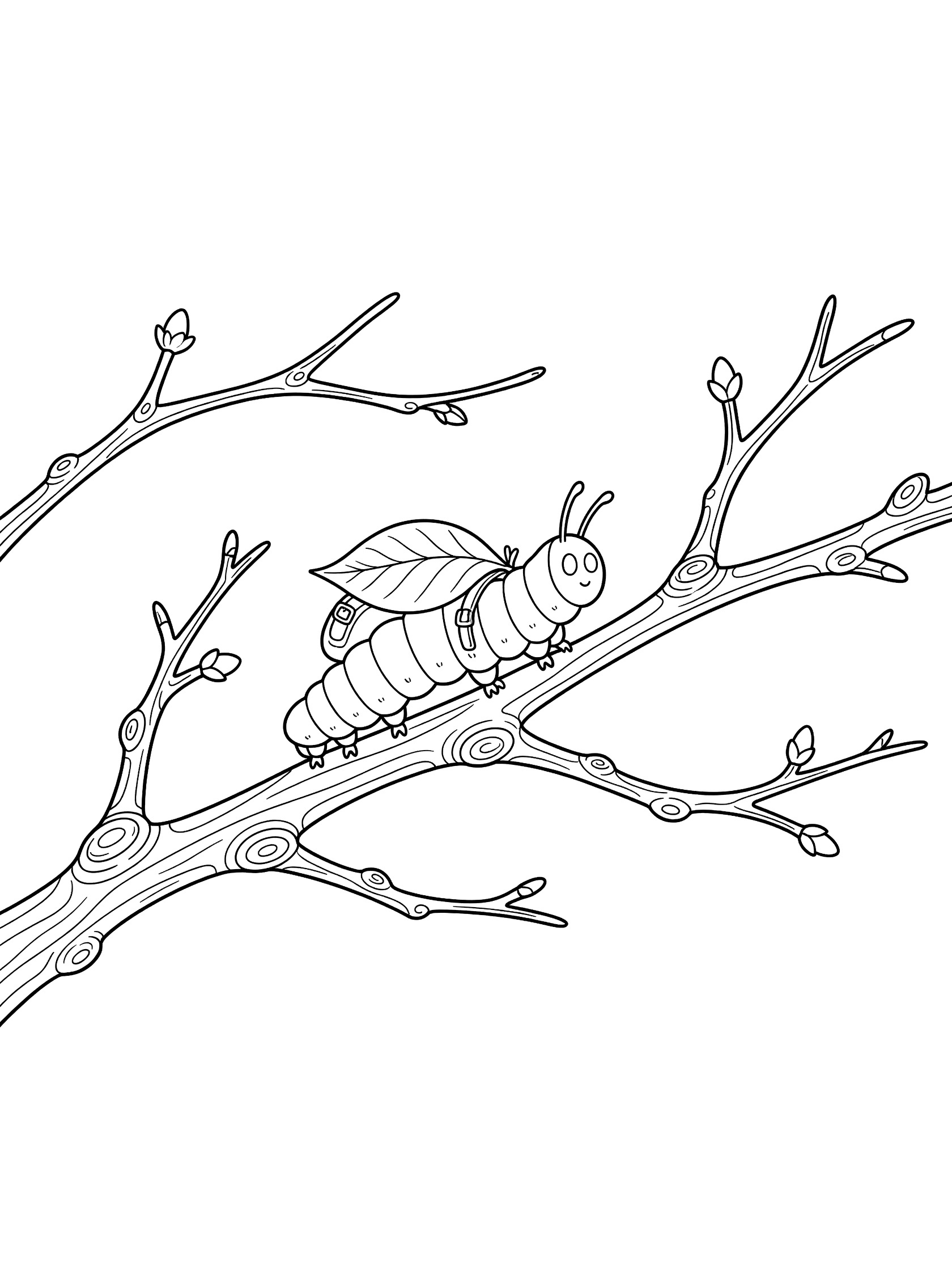 Black and white line art coloring page showing a caterpillar crawling on a branch with knots, buds, and a leaf backpack.
