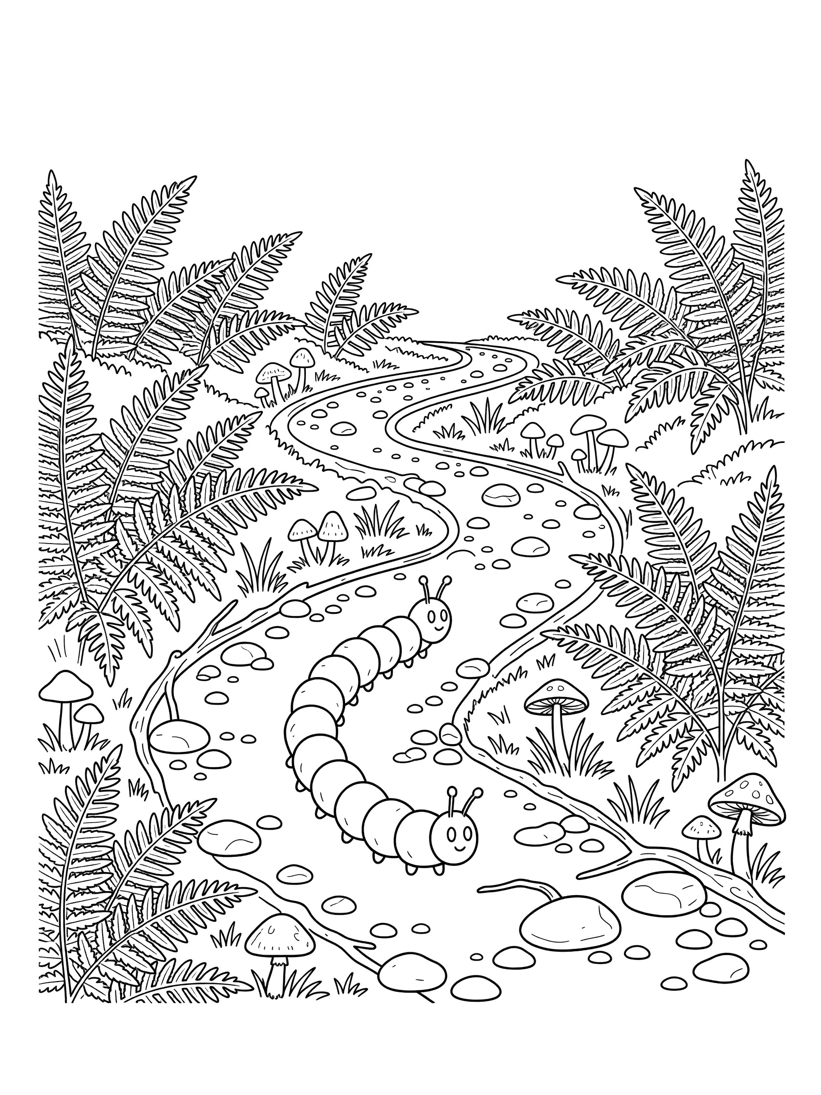 Black and white line art coloring page showing a caterpillar on a curvy forest path surrounded by ferns, mushrooms, pebbles, grass, and twigs