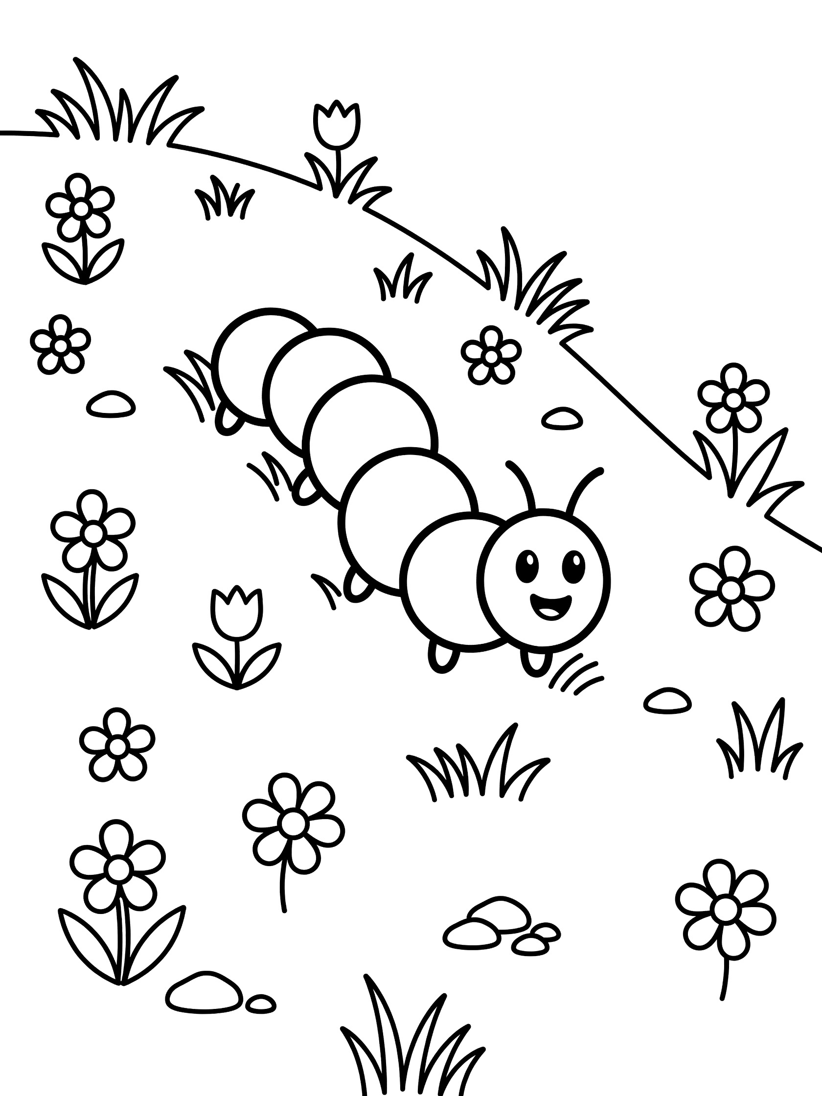 Black and white line art coloring page showing a smiling caterpillar crawling on a hill of grass blades surrounded by simple flowers and small pebbles.