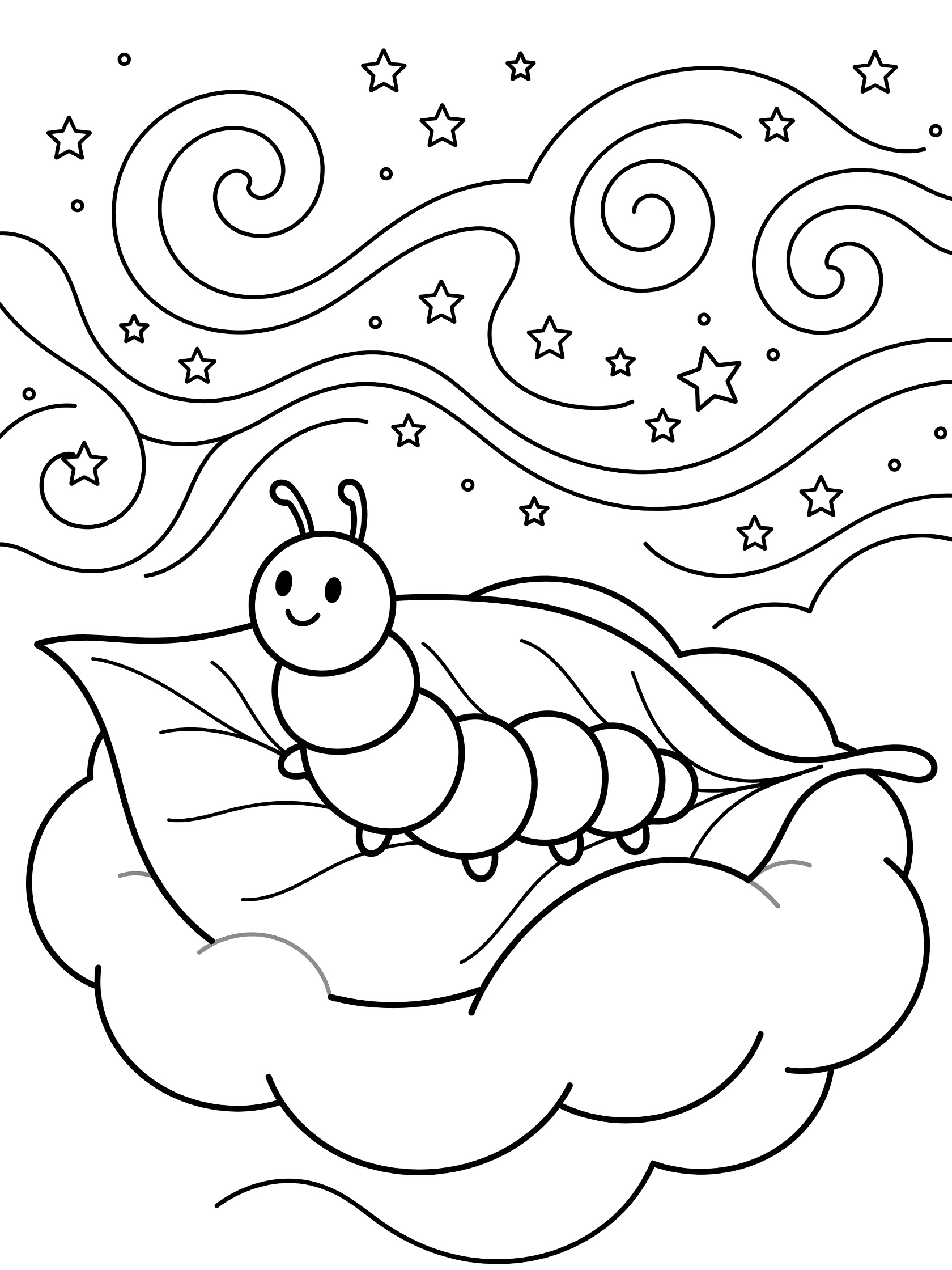 Black and white line art coloring page showing a smiling caterpillar resting on a large leaf surrounded by starry swirls and simple stars.
