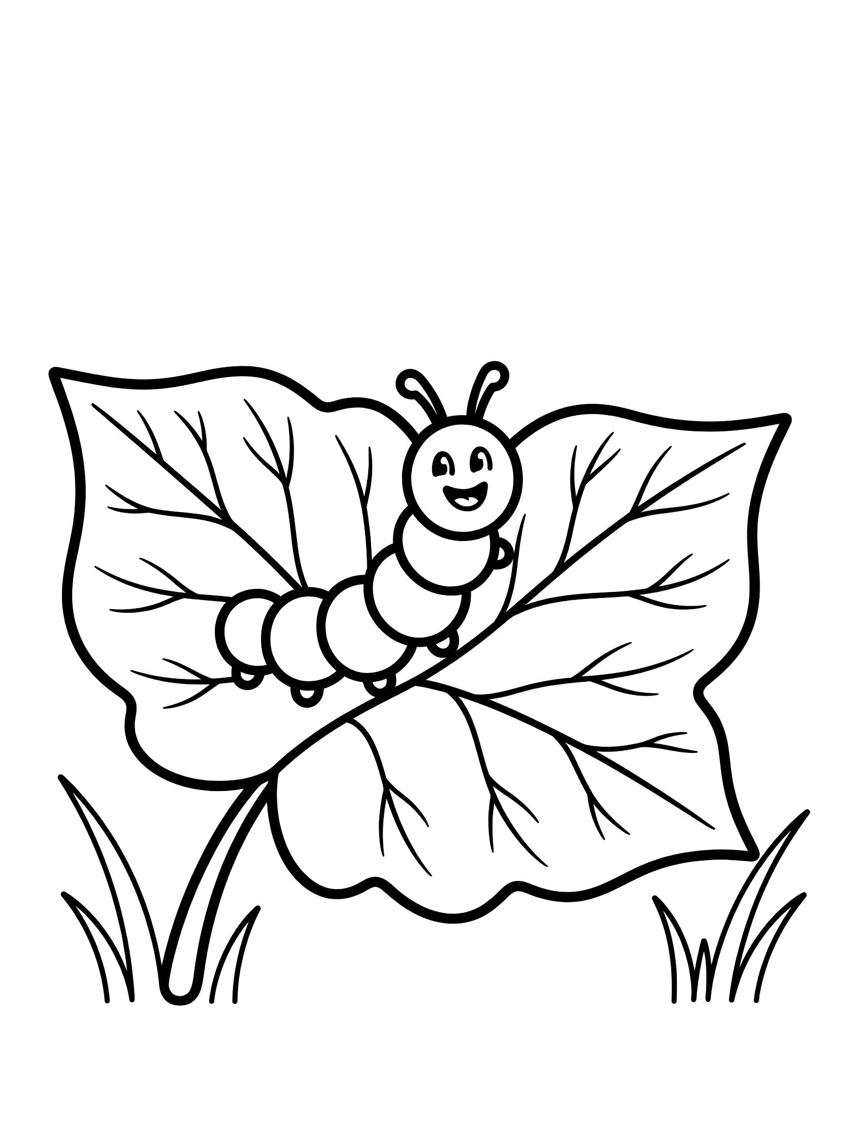 Black and white line art coloring page showing a smiling caterpillar eating a large veined leaf with grass blades nearby.