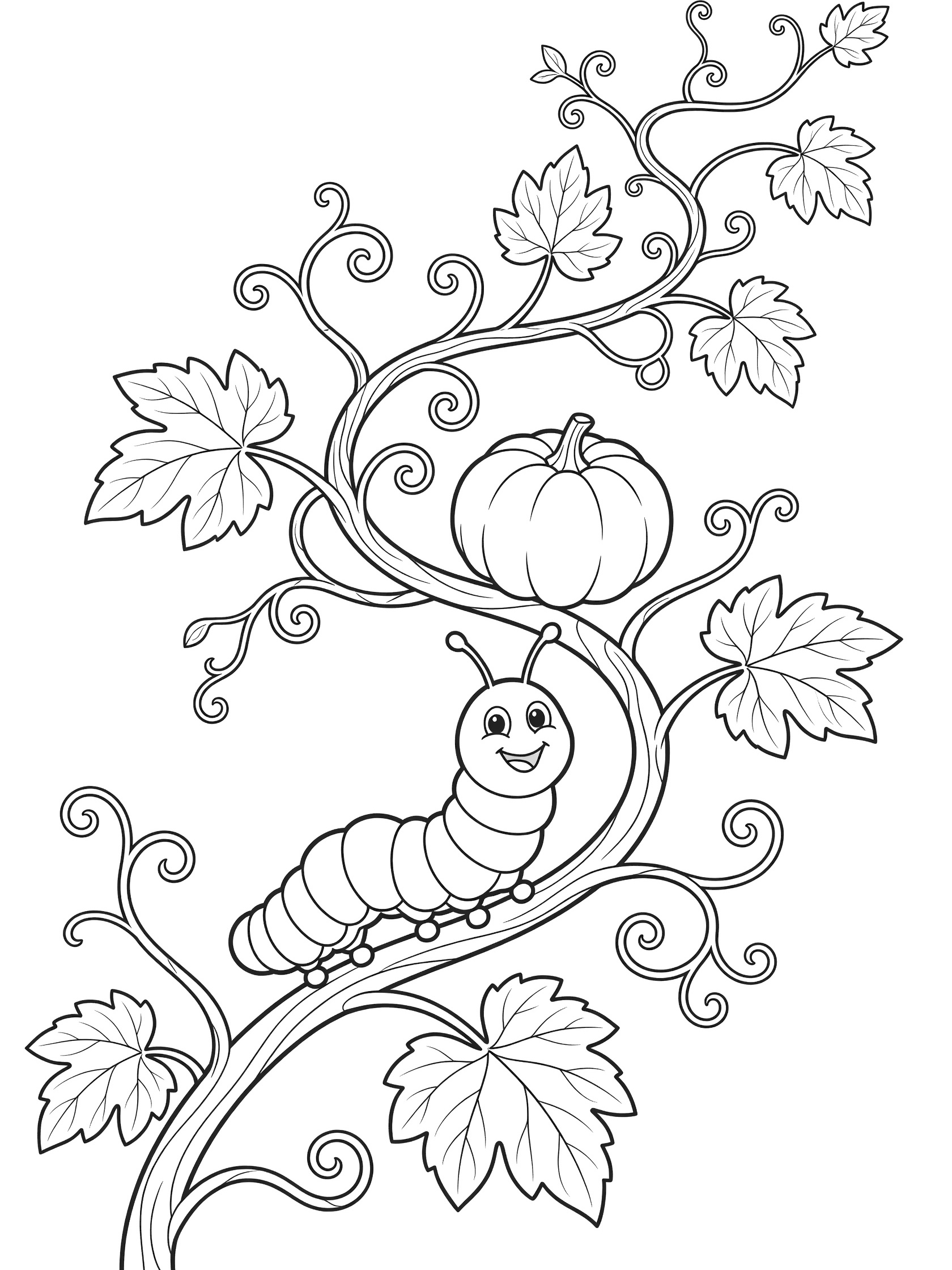 Black and white line art coloring page showing a smiling caterpillar on a pumpkin vine with curly stems, leaves, and a pumpkin.