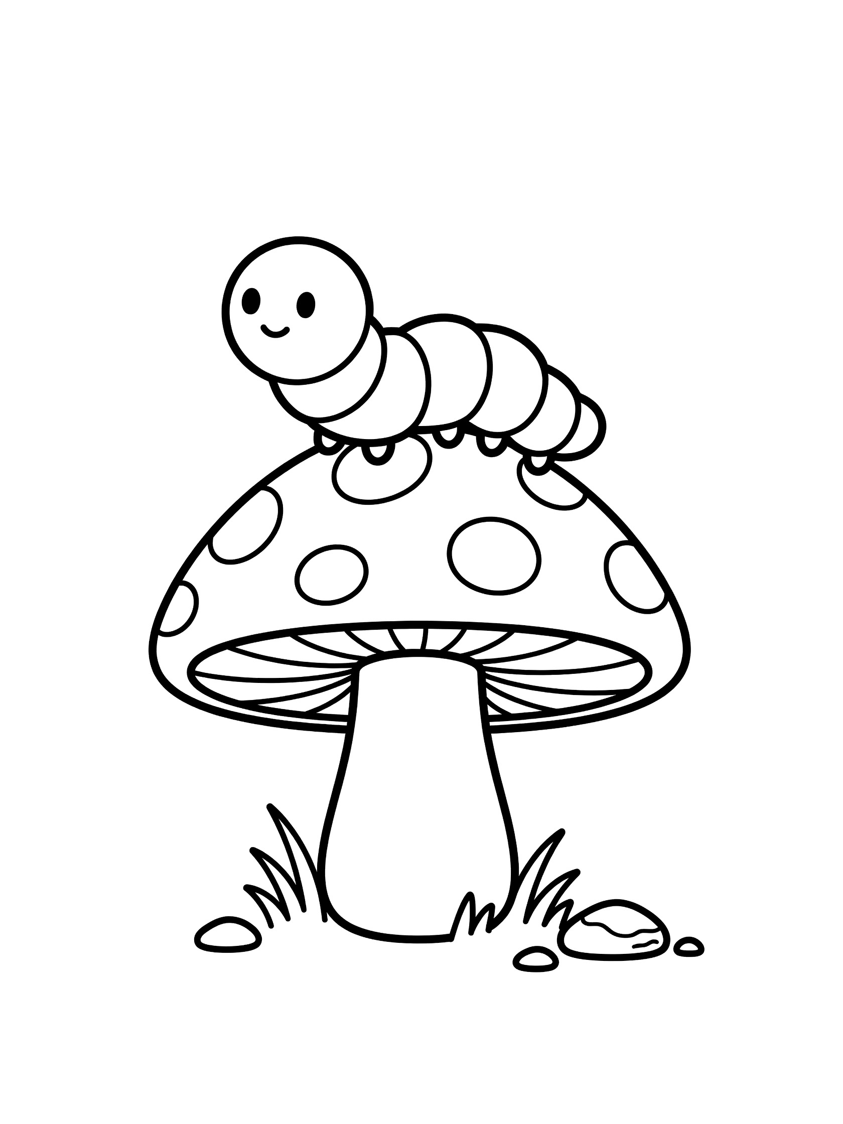 Black and white line art coloring page showing a smiling caterpillar curled on top of a mushroom with white spots, grass blades, and small pebbles at the base.