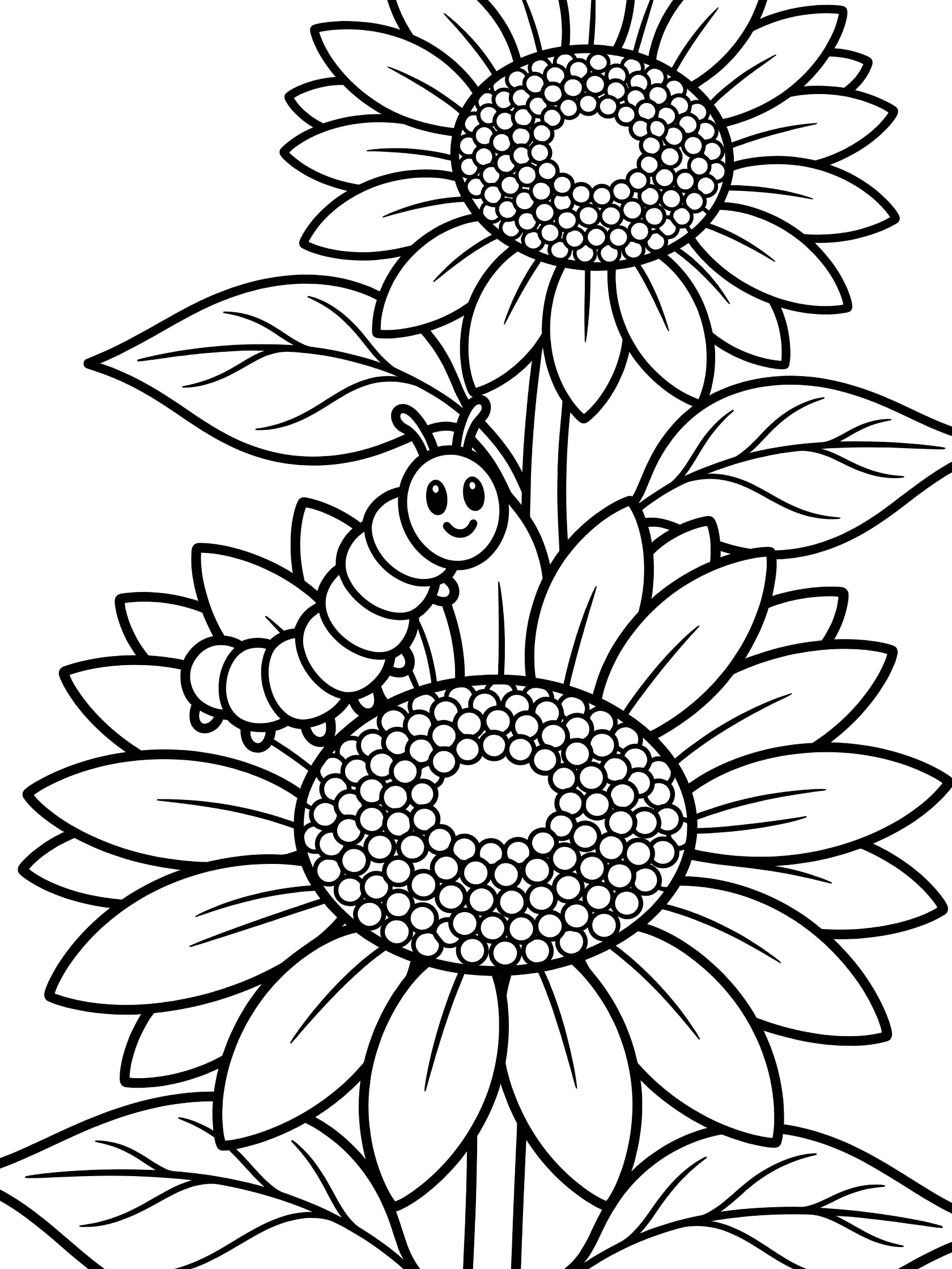 Black and white line art coloring page showing a smiling caterpillar sitting on large sunflower petals with detailed flower center, stem and leaves.