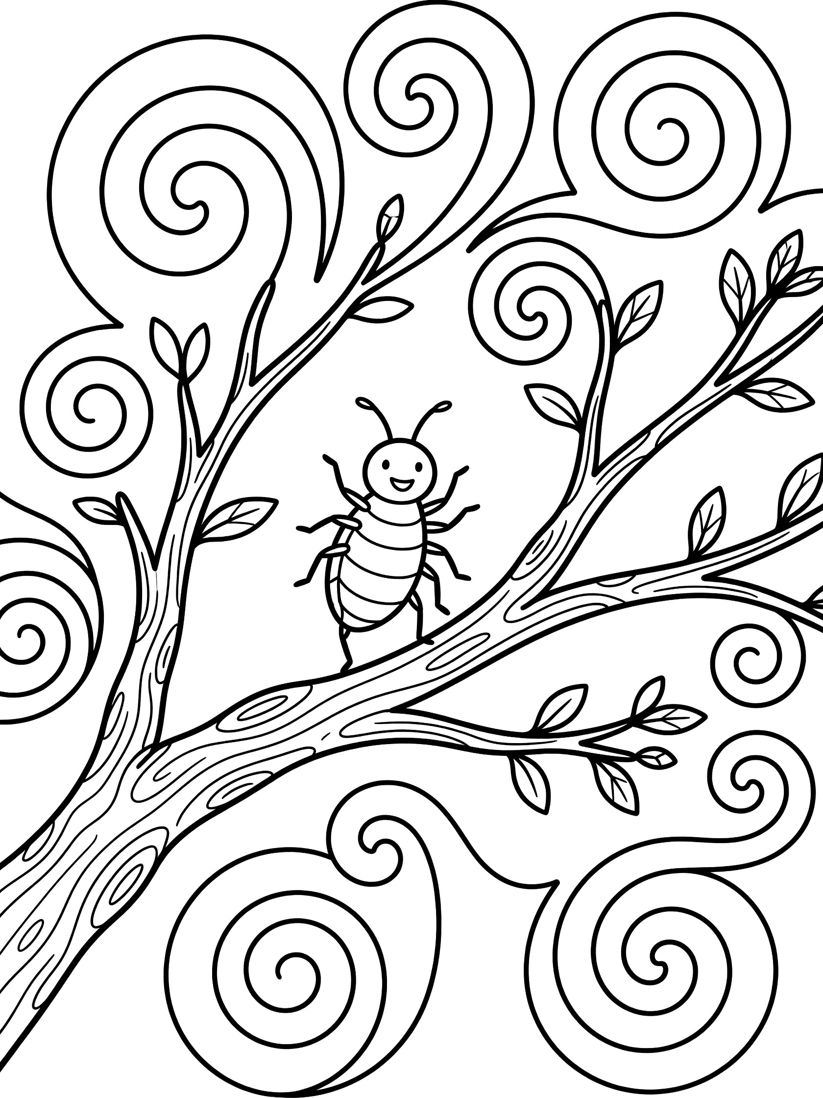 Black and white line art coloring page showing a caterpillar standing on a knobby tree branch with small leaves and swirling decorative patterns around it. Aphid themed black and white printable line art
