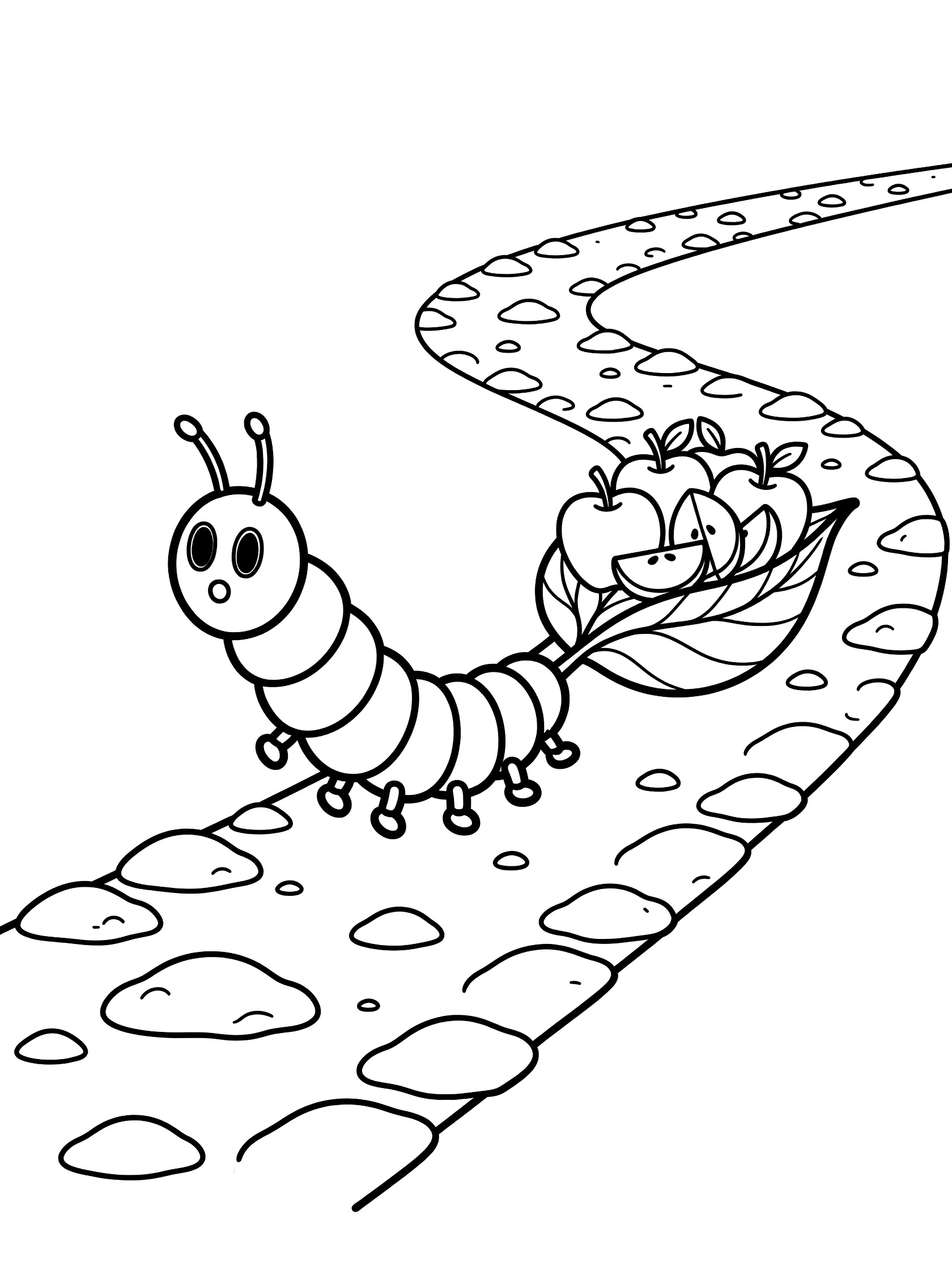 Black and white line art coloring page showing a caterpillar with big eyes pulling a leaf basket loaded with apples on a winding stone path.