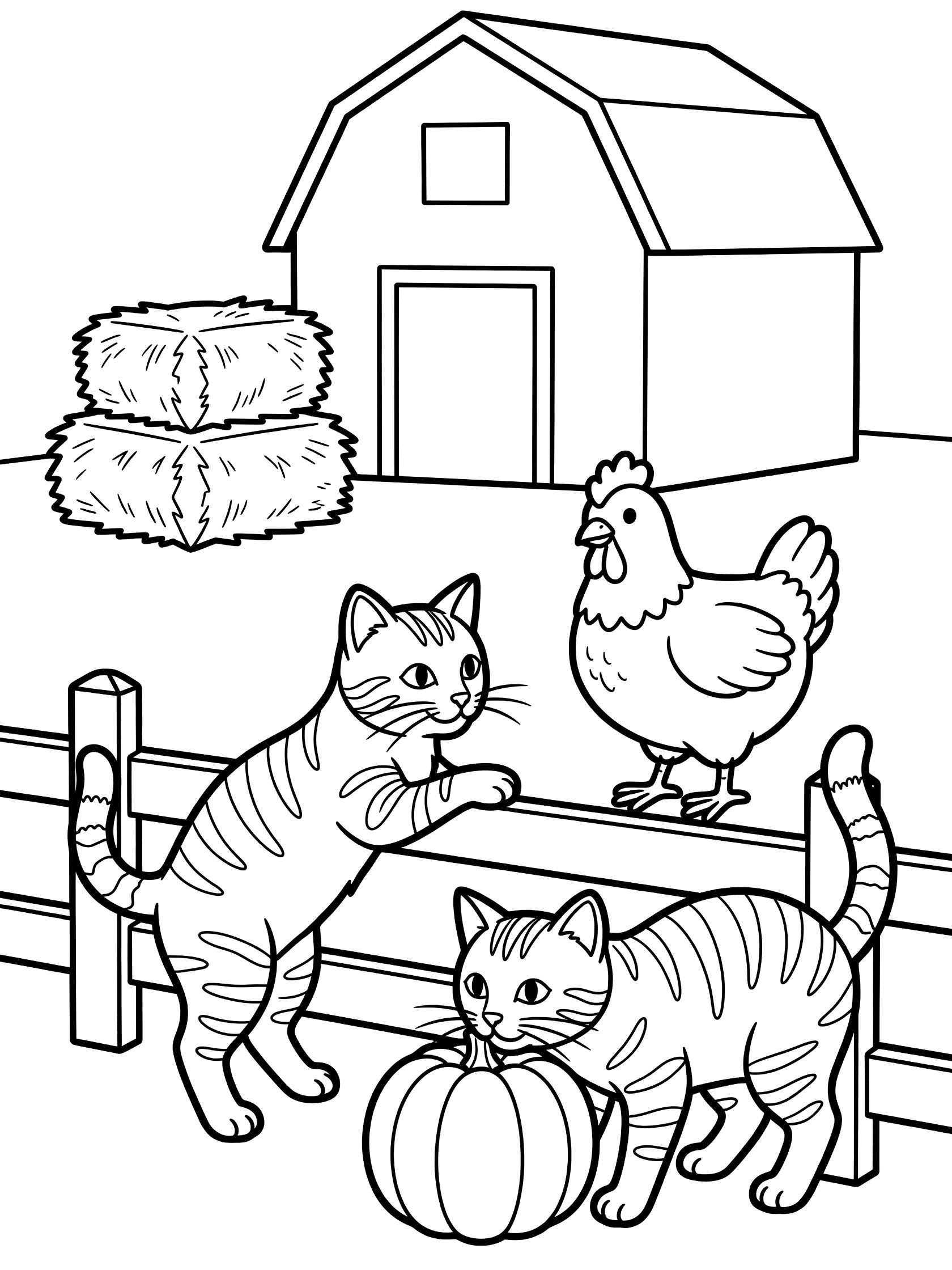 Black and white line art coloring page showing two tabby cats one climbing wooden fence one sniffing pumpkin near chicken hay bales and red barn