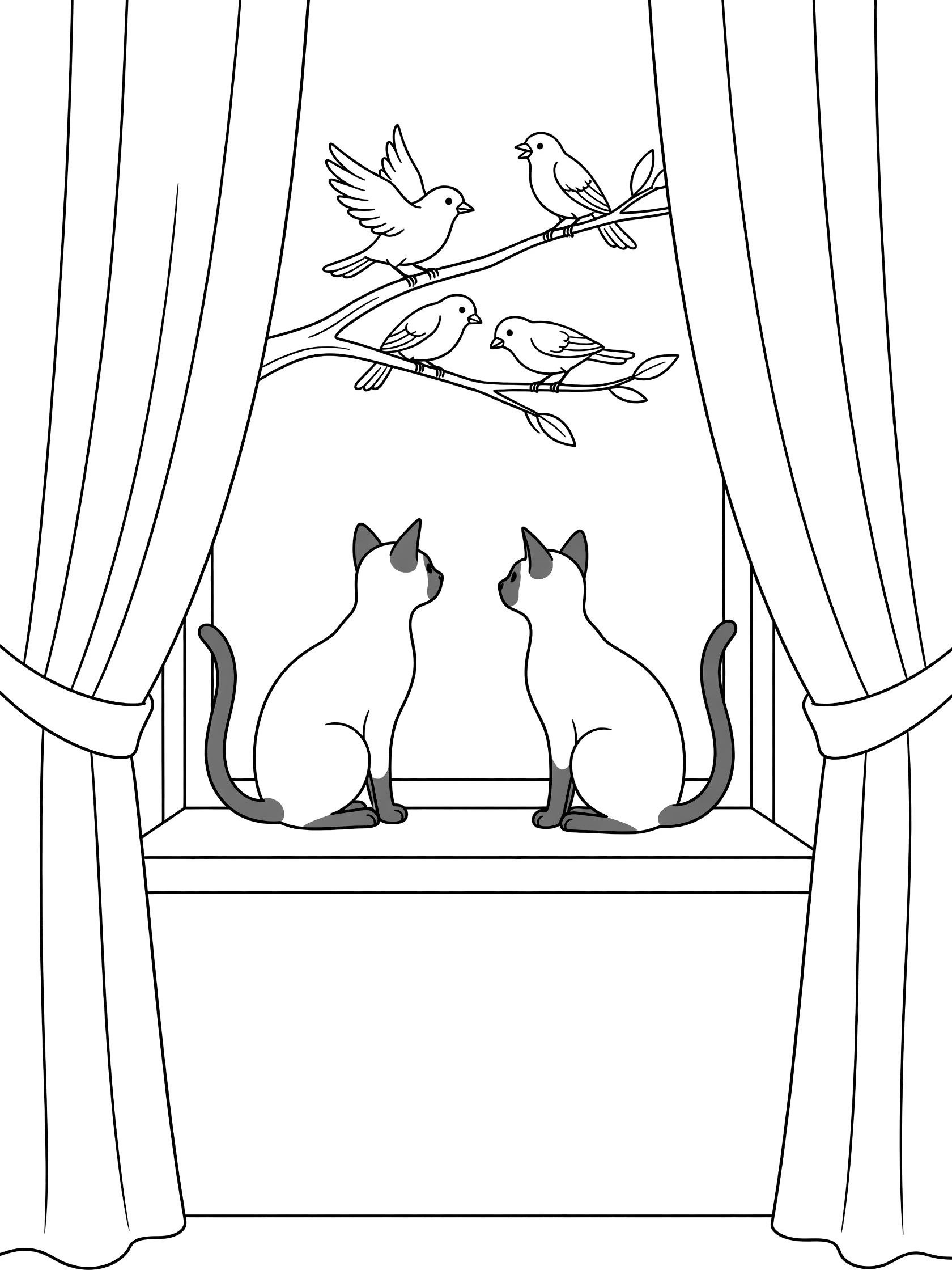 Black and white line art coloring page showing two cats sitting on a windowsill with curtains, watching four birds perched on a tree branch outside the window. Siamese Cats themed black and white printable line art