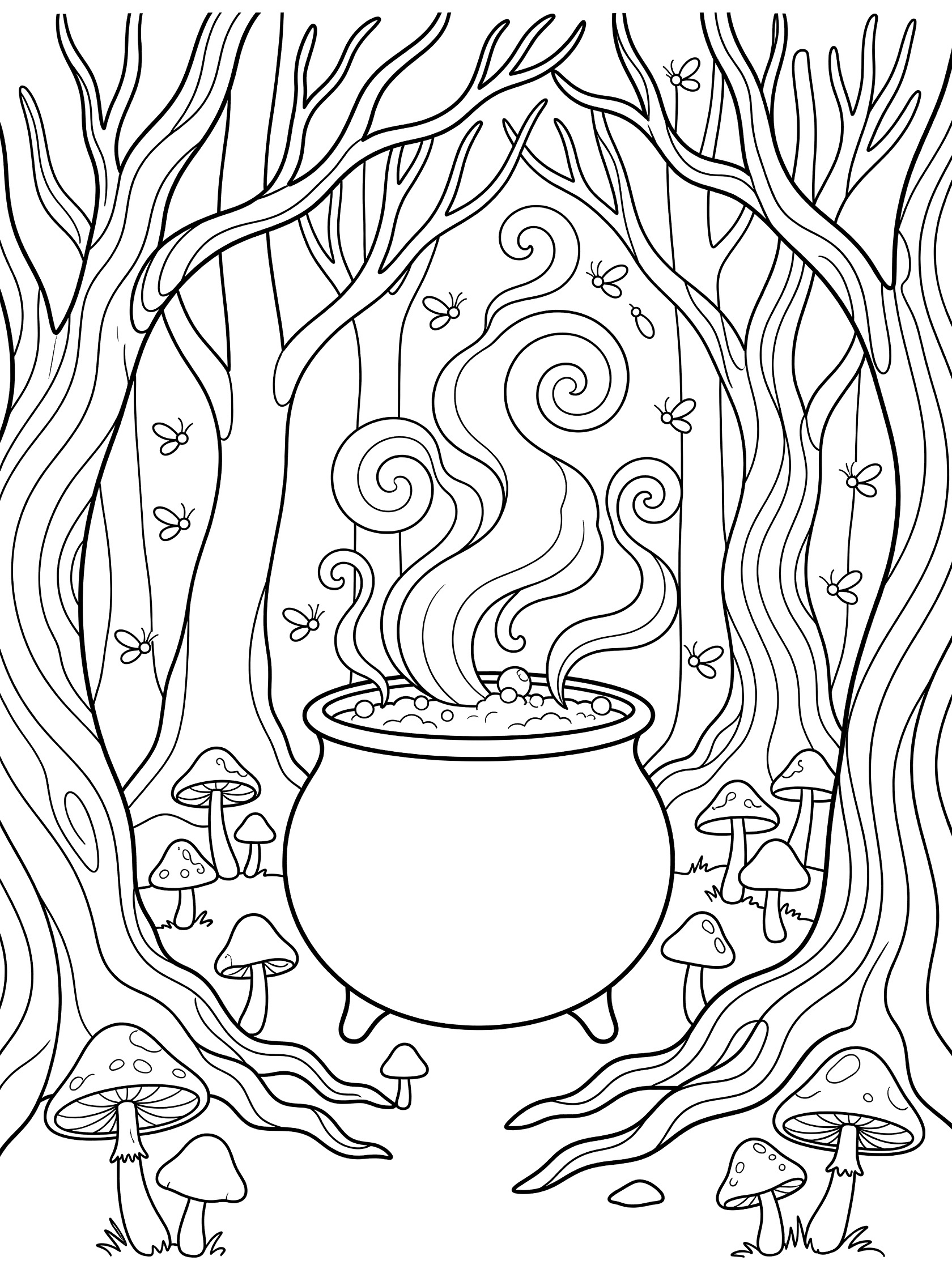 Black and white line art coloring page of a large cauldron in a forest with twisty trees, mushrooms, floating fireflies, and rising smoke