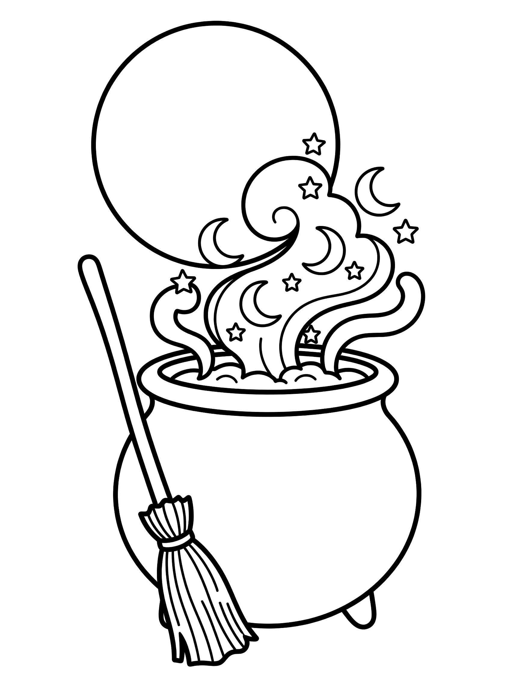 Black and white line art coloring page showing a round cauldron bubbling with swirly steam that has stars and crescent moons, a broomstick leaning on the side, and a large full moon overhead.