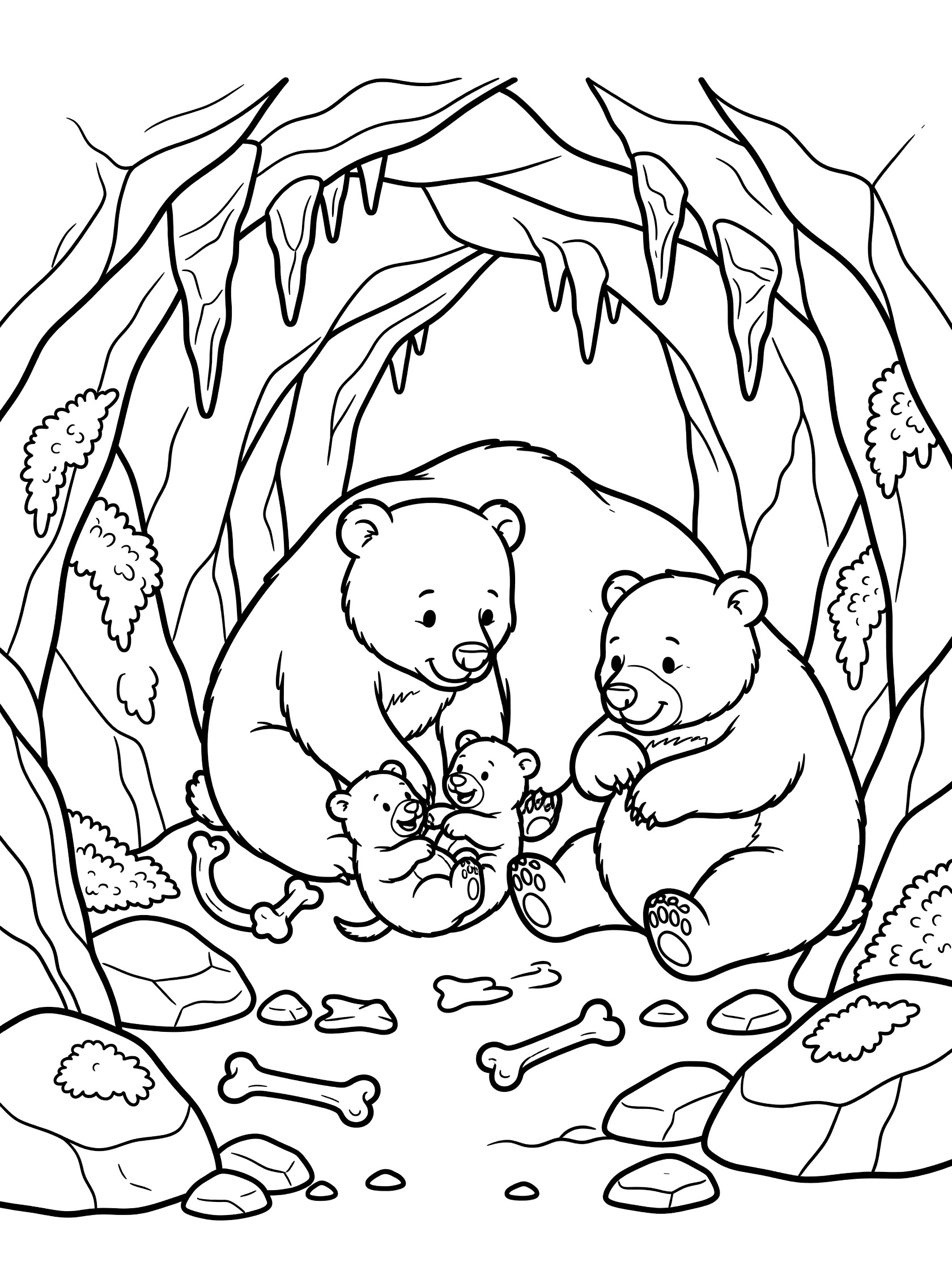 Black-and-white coloring page of a cave bear family gathered in a rocky cave den, mother bear with two cubs and father bear lounging on dirt floor with bones and stalactites.
