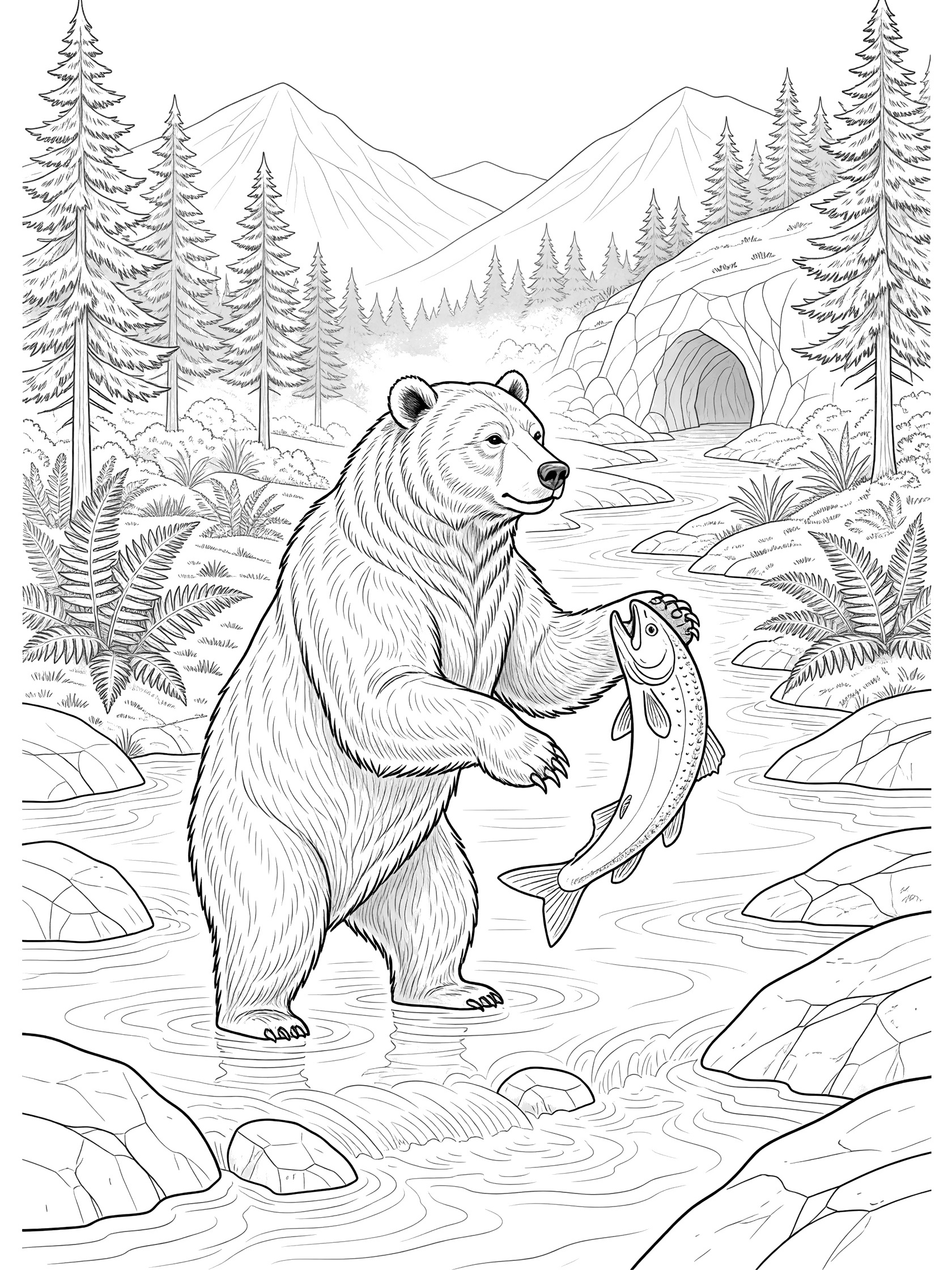 Black-and-white coloring page of a large furry cave bear rearing up in shallow river water to catch a leaping salmon mid-air, with rocks, ferns, tall pines, misty mountains, and distant cave entrance.
