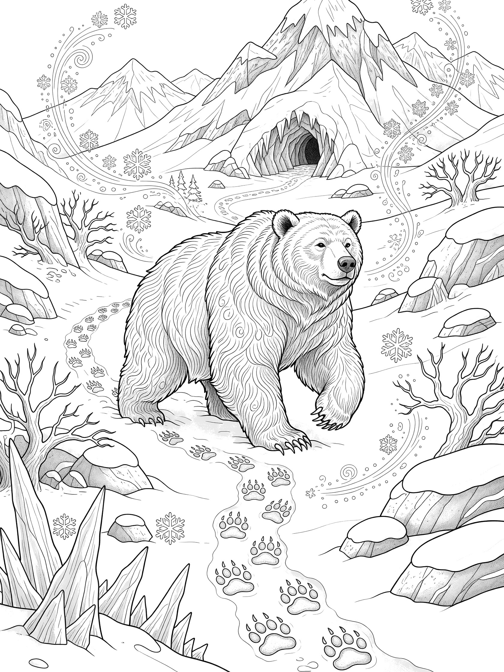 Black and white coloring page showing a large cave bear striding through deep snow with paw prints, surrounded by ice spikes, rocks, twisted trees, snowy peaks, and a cave in the background.
