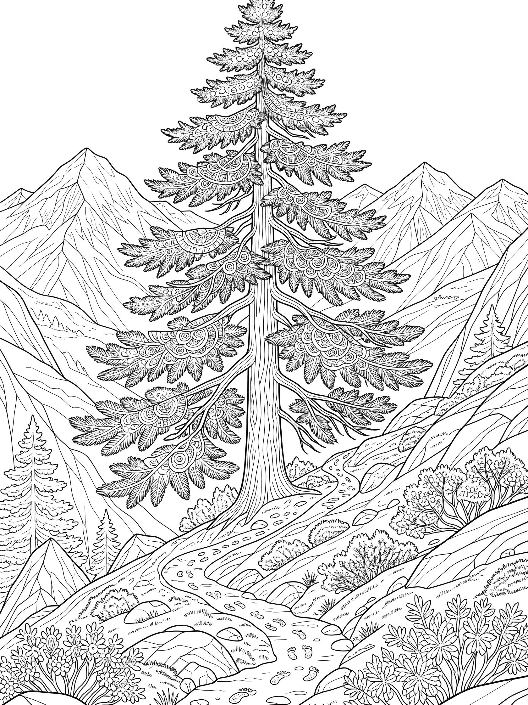 Black and white coloring page of a majestic cedar tree standing on a steep mountain with path, rocks, shrubs, and distant peaks.