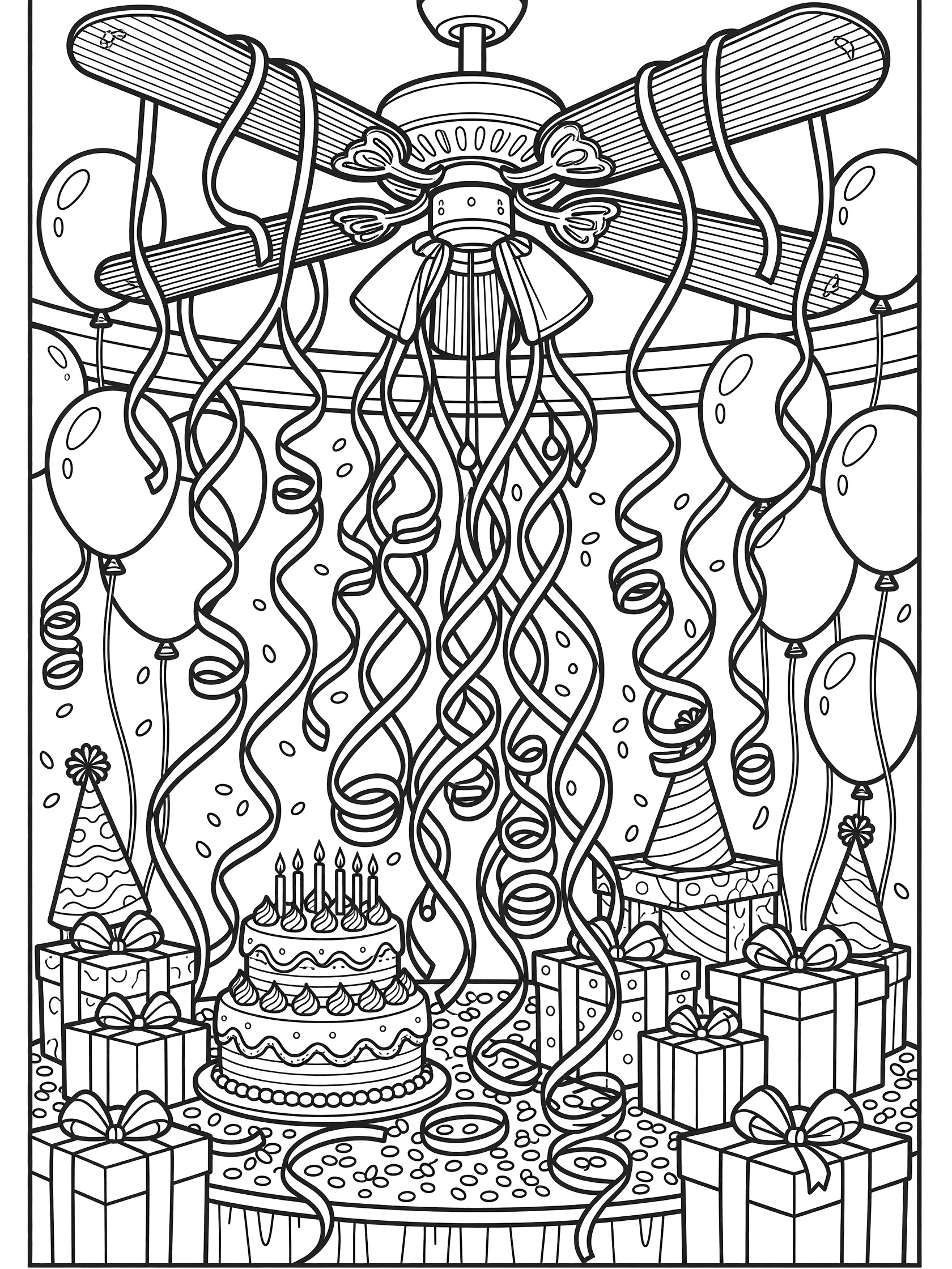 Detailed line art coloring page showing ceiling fan with long streamers hanging down over balloons, tiered birthday cake, wrapped gifts and party hats on a table.
