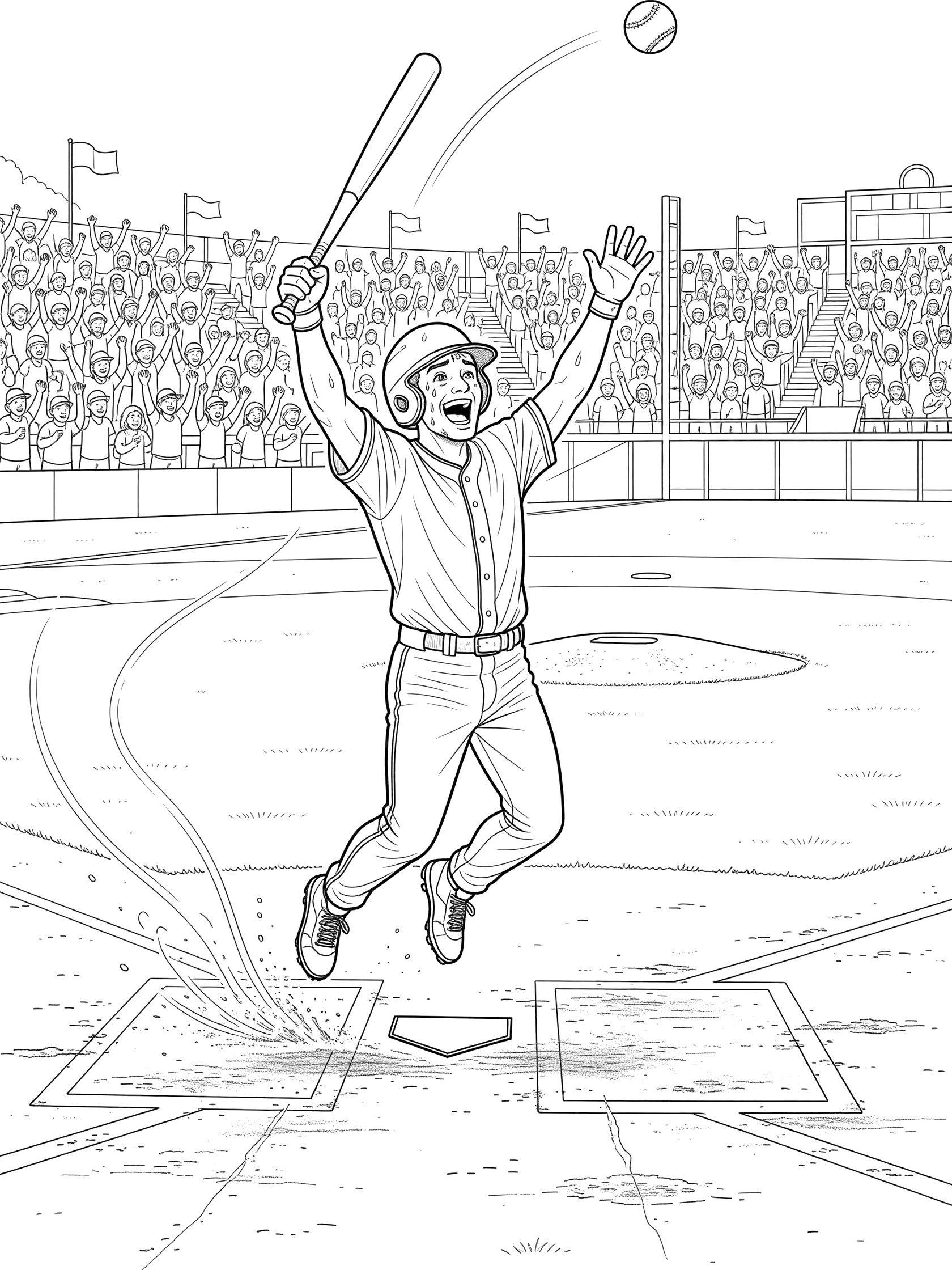 Excited baseball batter in uniform jumping on home plate, raising bat after home run, ball soaring out of packed stadium with waving fans.