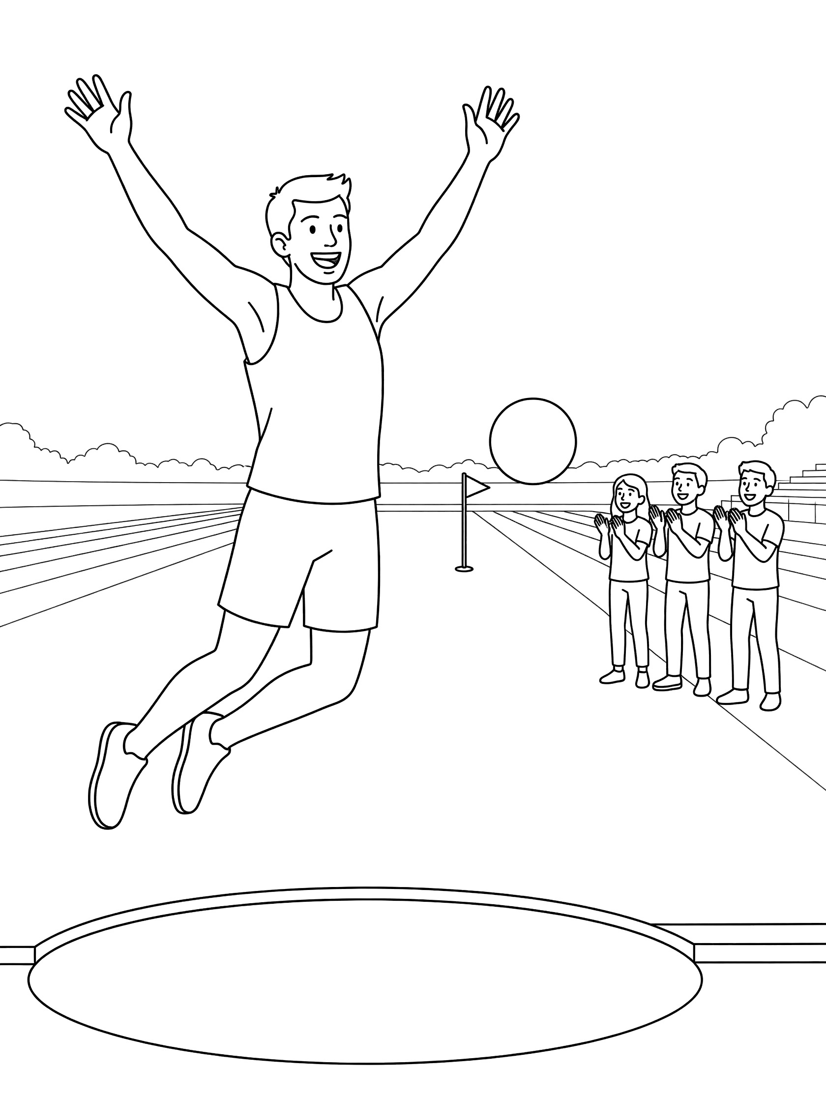 Black and white line art of a joyful male athlete jumping with arms raised in celebration near shot put circle, with shot put ball far away marked by flag, clapping friends on track field.