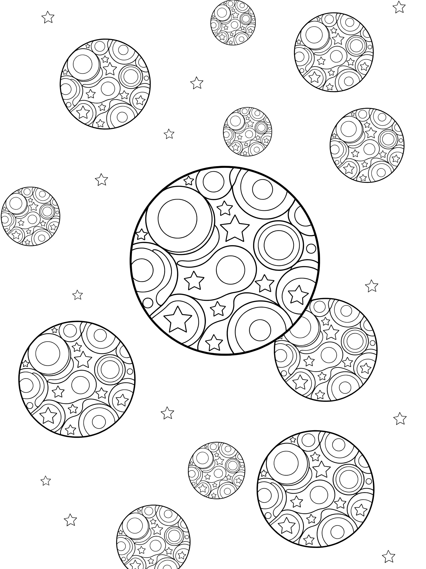 Black and white printable coloring page showing many round orbs with circle patterns and stars scattered around.