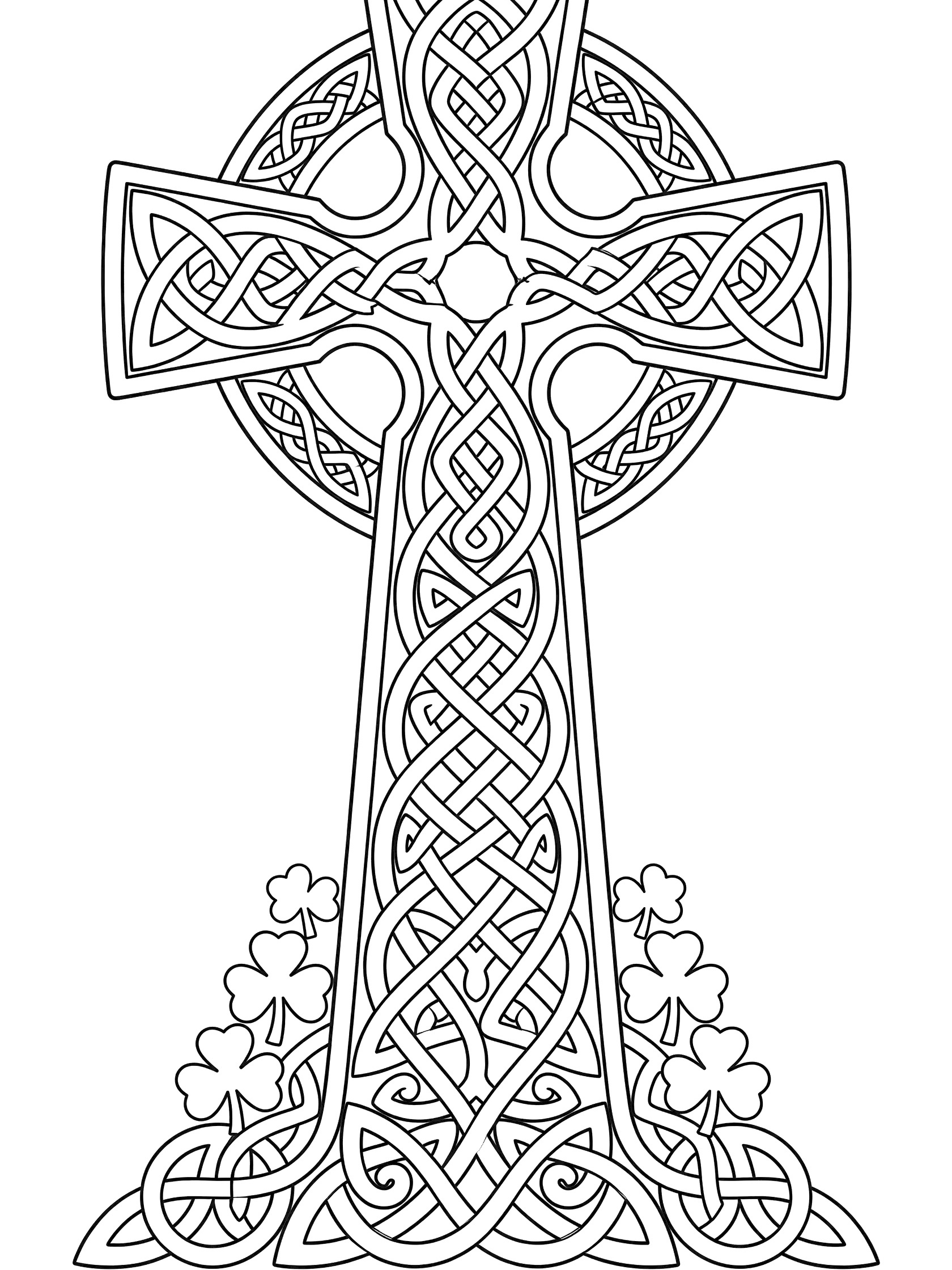 Intricate black and white line art of Celtic knot cross monument with geometric knots, circular ring, symmetric arms, and shamrock clovers at the base for coloring.