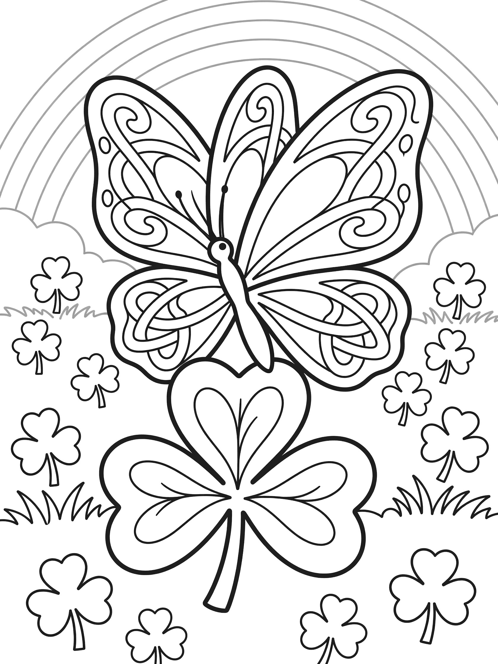 Black and white coloring page of a butterfly made from Celtic knot patterns sitting on a large shamrock, surrounded by clovers, grass, and a rainbow arc.