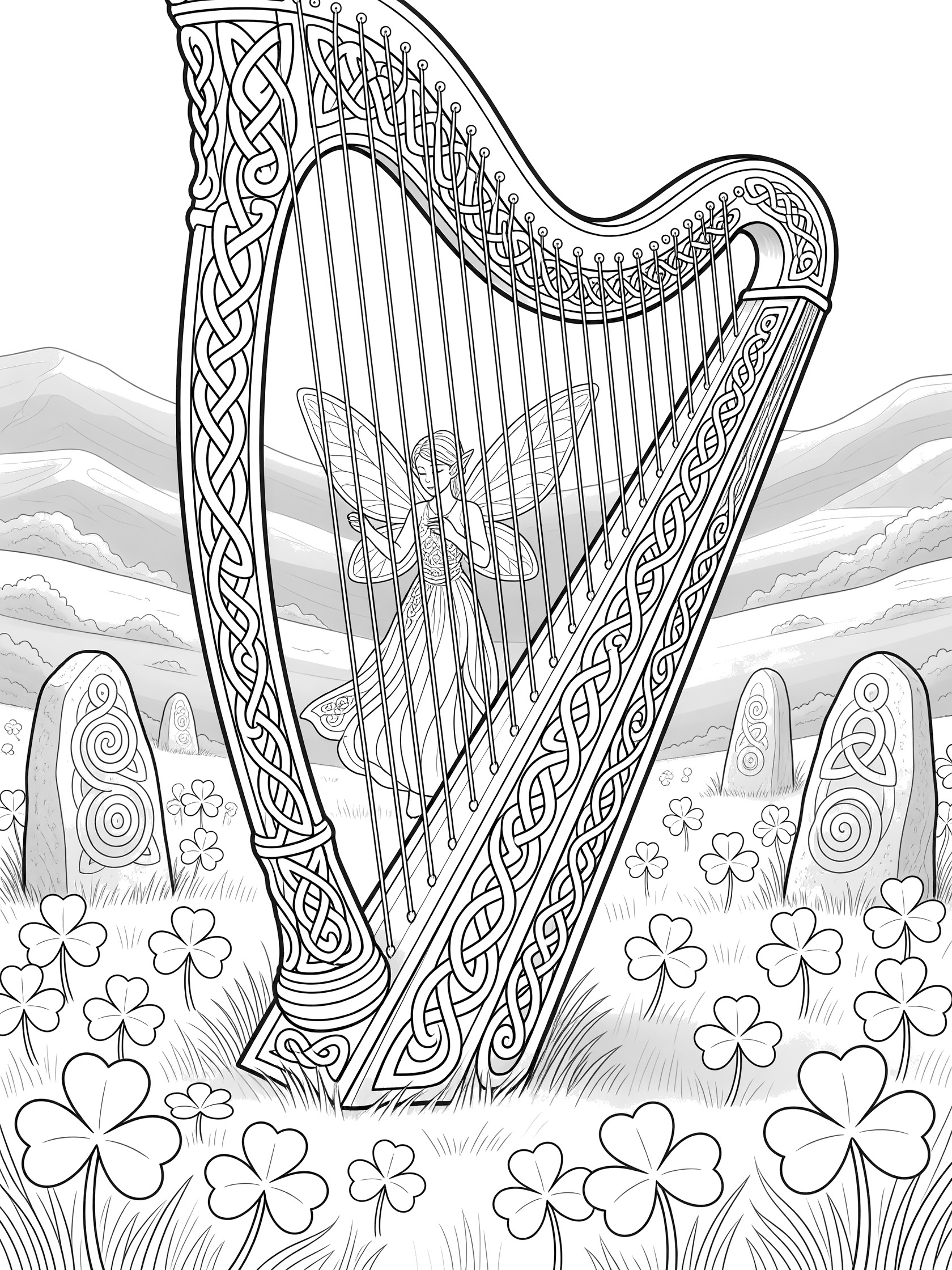 Intricate Celtic knot harp coloring page featuring a fairy plucking strings amid shamrocks and ancient stones in an Irish glen.