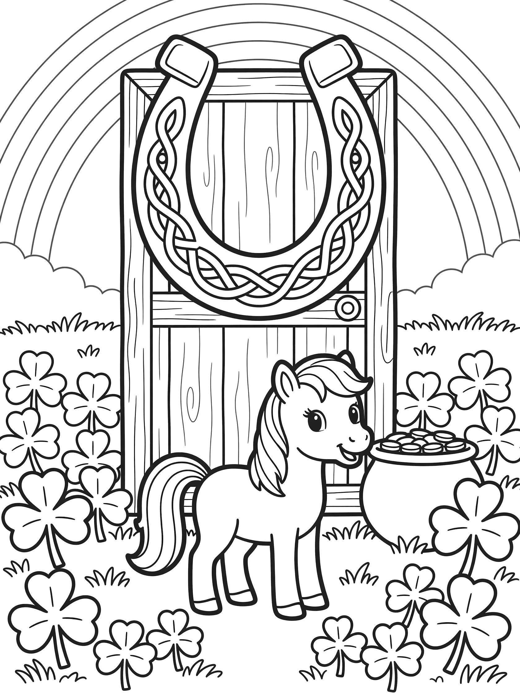 Black and white coloring page of upside down Celtic knot horseshoe on rustic wooden door with cheerful pony, shamrocks, four-leaf clovers, faint rainbow, and pot of gold for St. Patrick's Day.