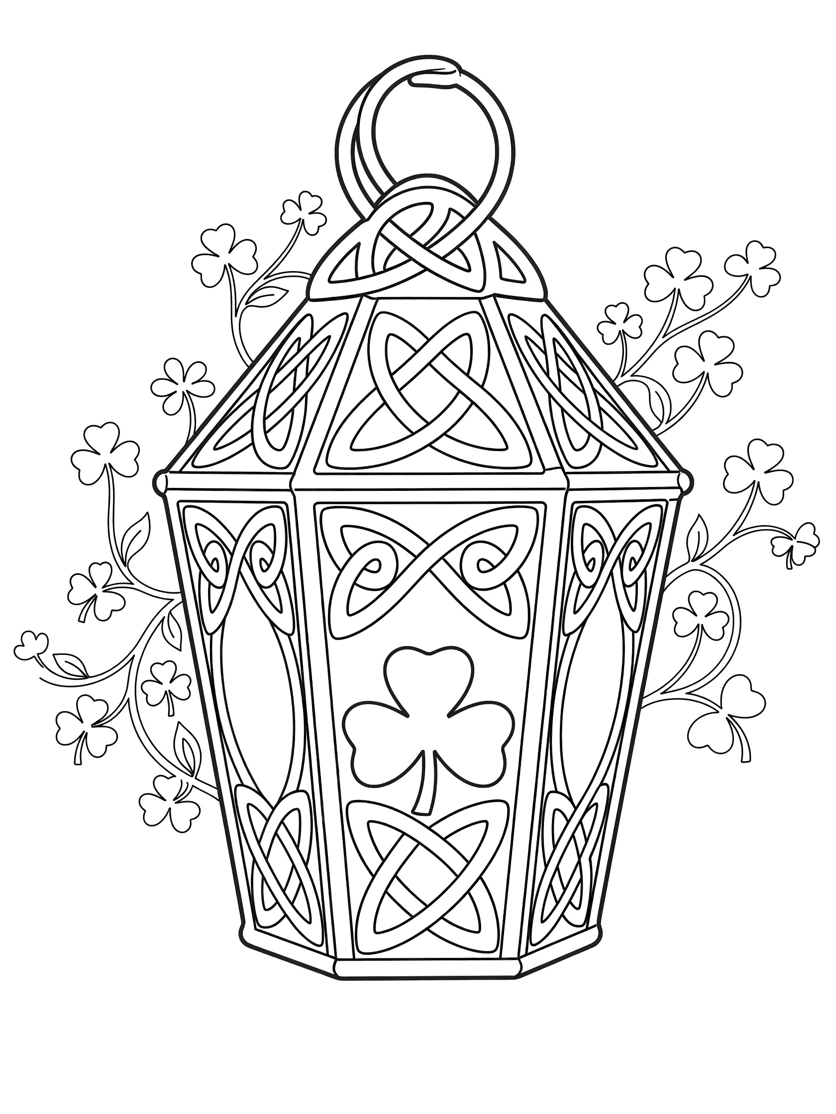 Black and white line art of a hanging lantern formed by intricate Celtic knot designs and shamrocks for St. Patrick's Day coloring.