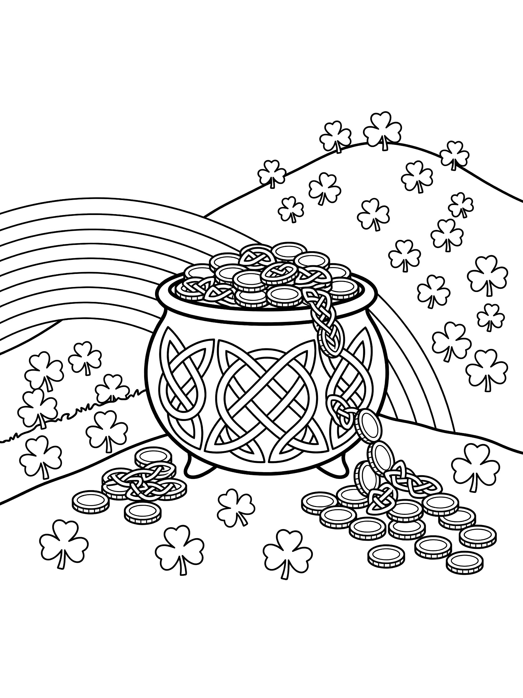 Black and white line art coloring page showing intricate Celtic knot forming a pot of gold spilling coins, curving rainbow, grassy hill, and scattered shamrocks.