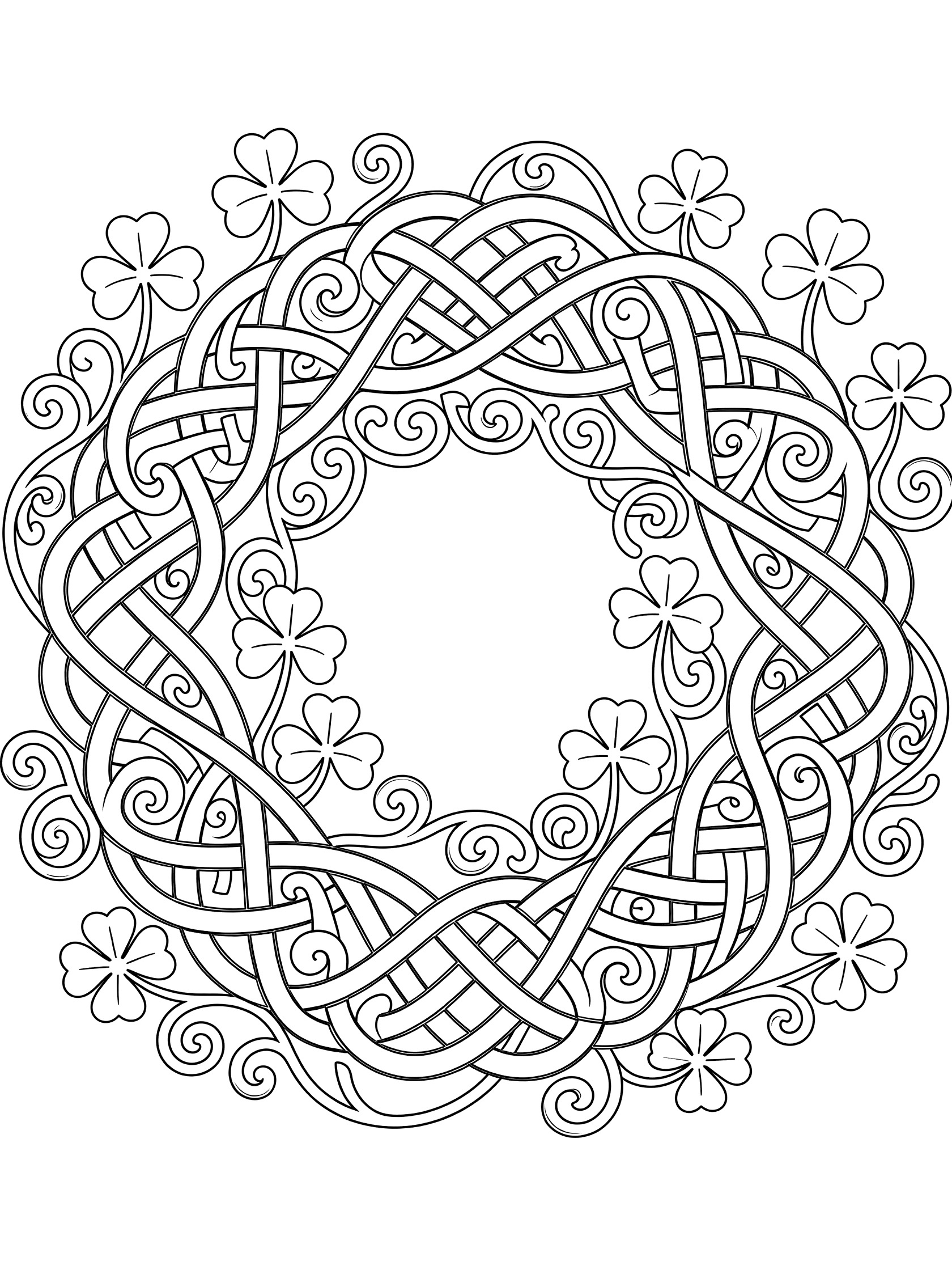 Black and white coloring page of a circular Celtic knot wreath with interwoven loops, shamrocks, four-leaf clovers, and curling vines.