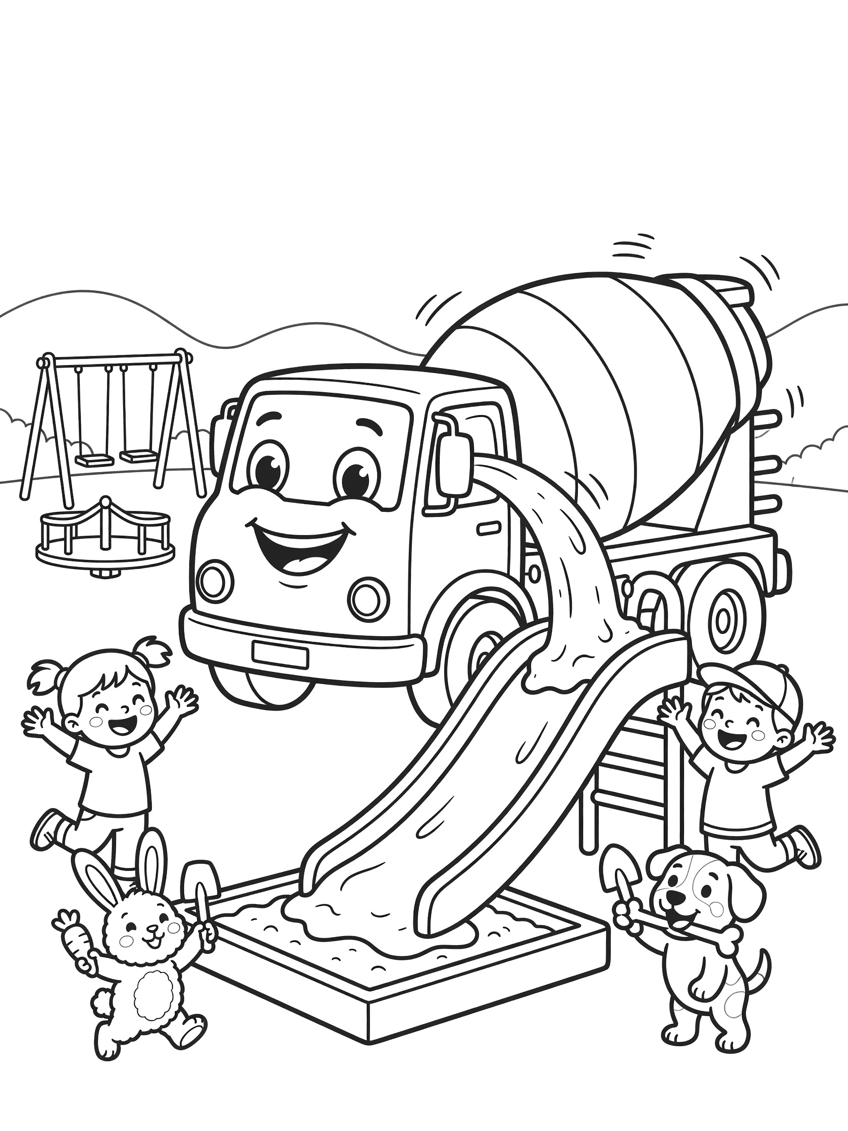 Black-and-white line art coloring page showing a smiling cement mixer truck pouring concrete for a playground slide and sandbox, with excited kids, bunny, puppy, swings, and hills.