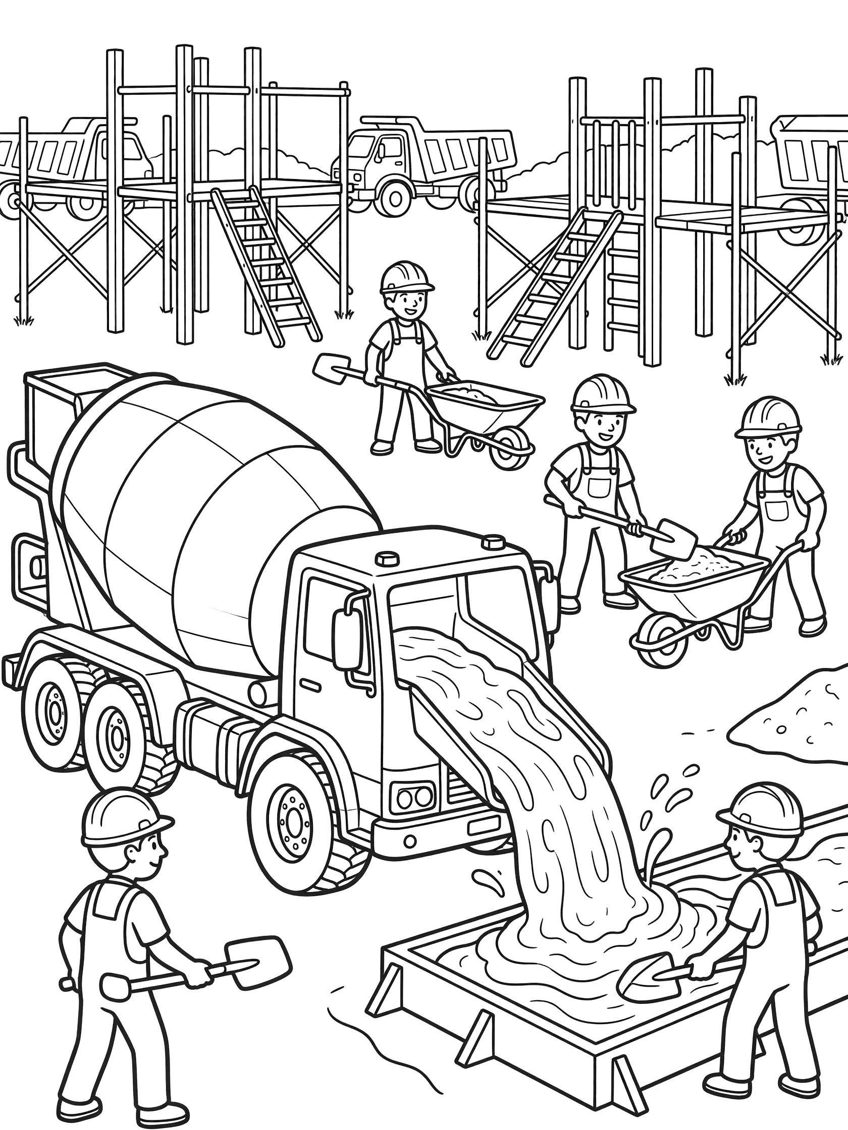 Line art coloring page showing a large cement mixer truck with tilted drum pouring thick cement through a chute into a wooden form, surrounded by construction workers with helmets, shovels and wheelbarrow at a playground build site.