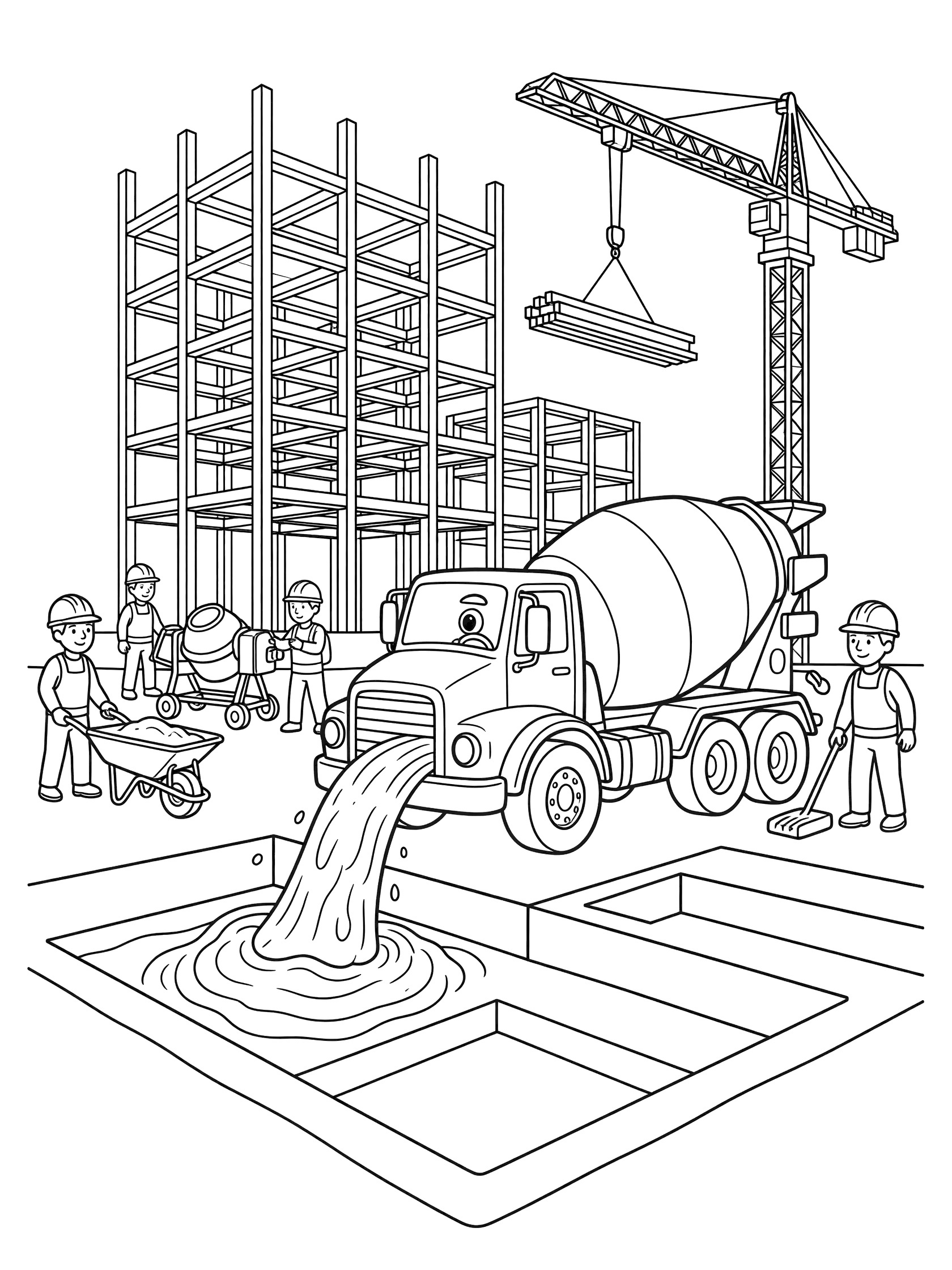 Line art coloring page showing a cement mixer truck with rotating drum pouring concrete into a trench at a construction site, workers with wheelbarrows, crane lifting beams, and half-built skyscraper.