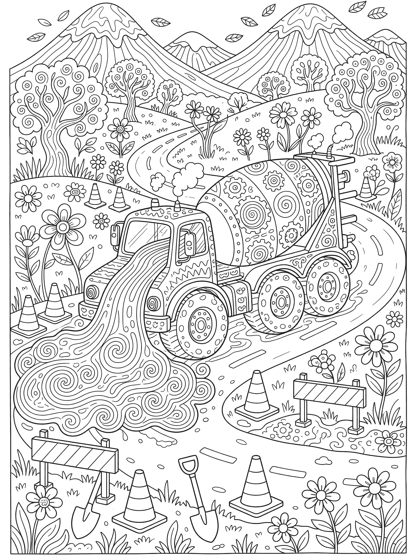Doodle-style line art coloring page showing a cement mixer truck dumping cement onto a road with traffic cones, shovels, wildflowers, twisty trees, and distant mountains.