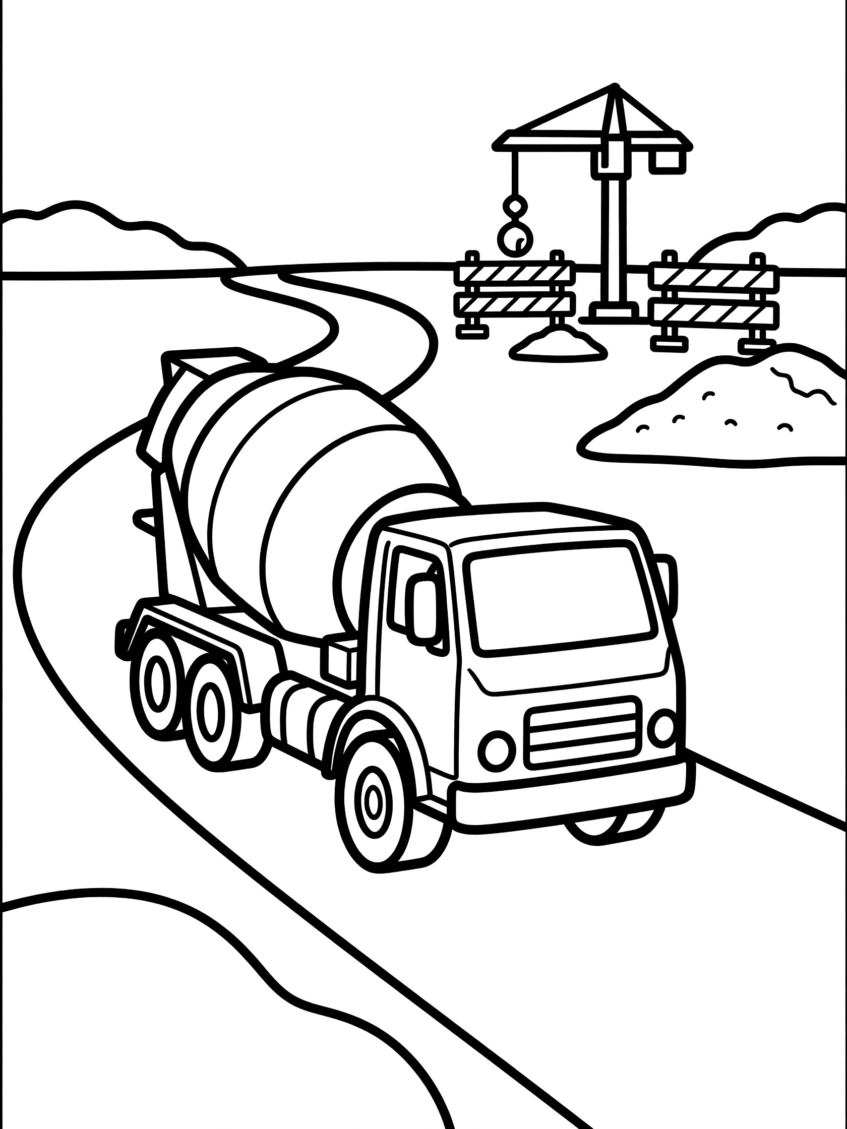 Black and white line art of a cement mixer truck with big rotating drum driving on a curvy road toward a construction site with crane and barriers