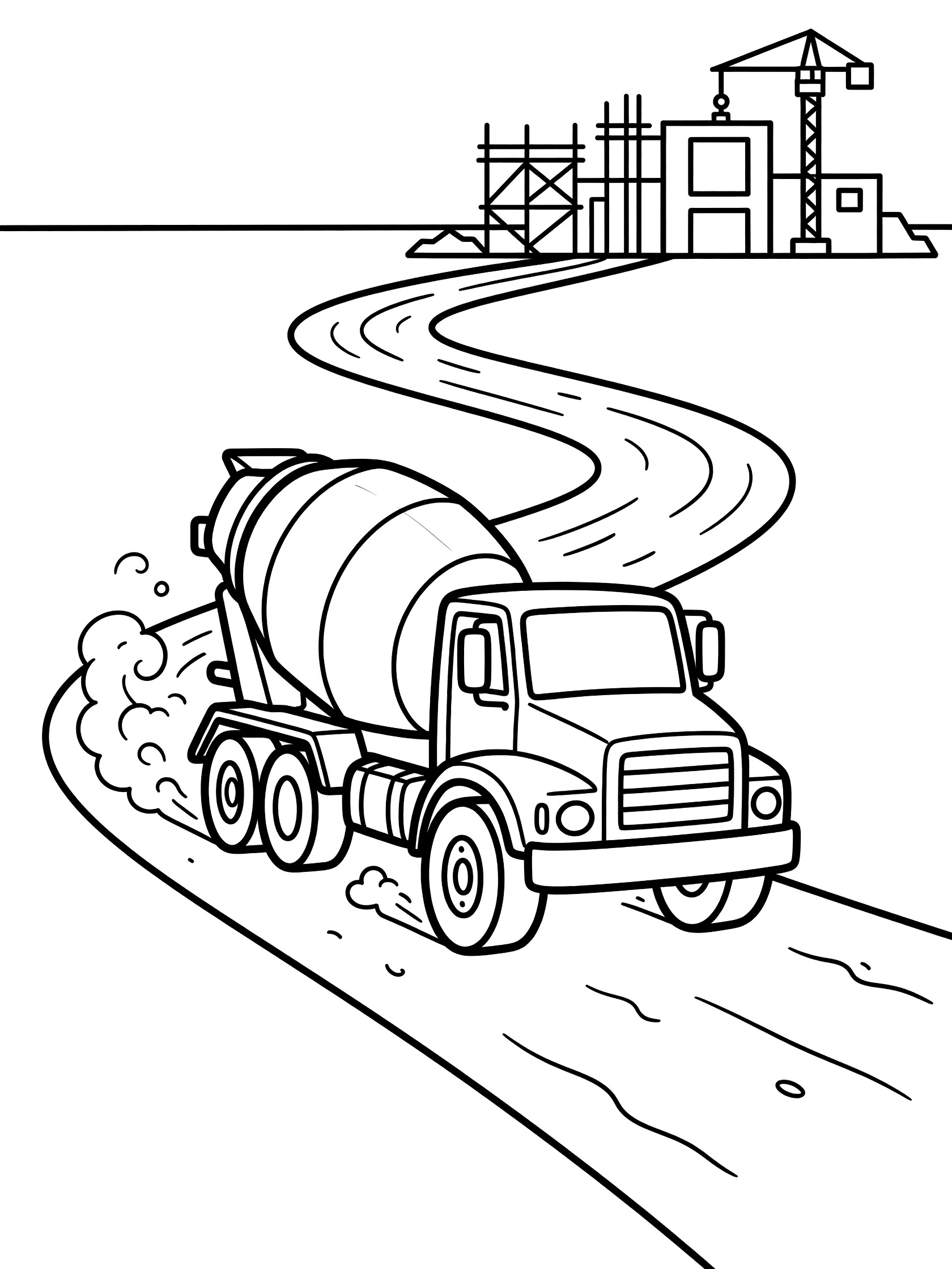 Black and white line art coloring page showing a large cement mixer truck with spinning drum driving on a curvy dirt road toward a construction site with crane, scaffolding, and buildings. Dust clouds behind big wheels.