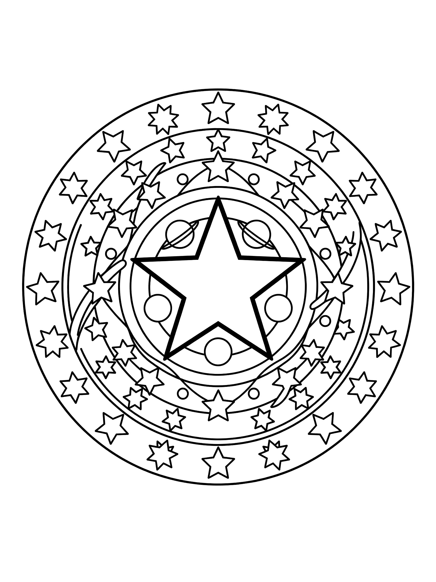 Black and white printable coloring page of a round mandala with a large central star surrounded by layers of smaller stars and circles.