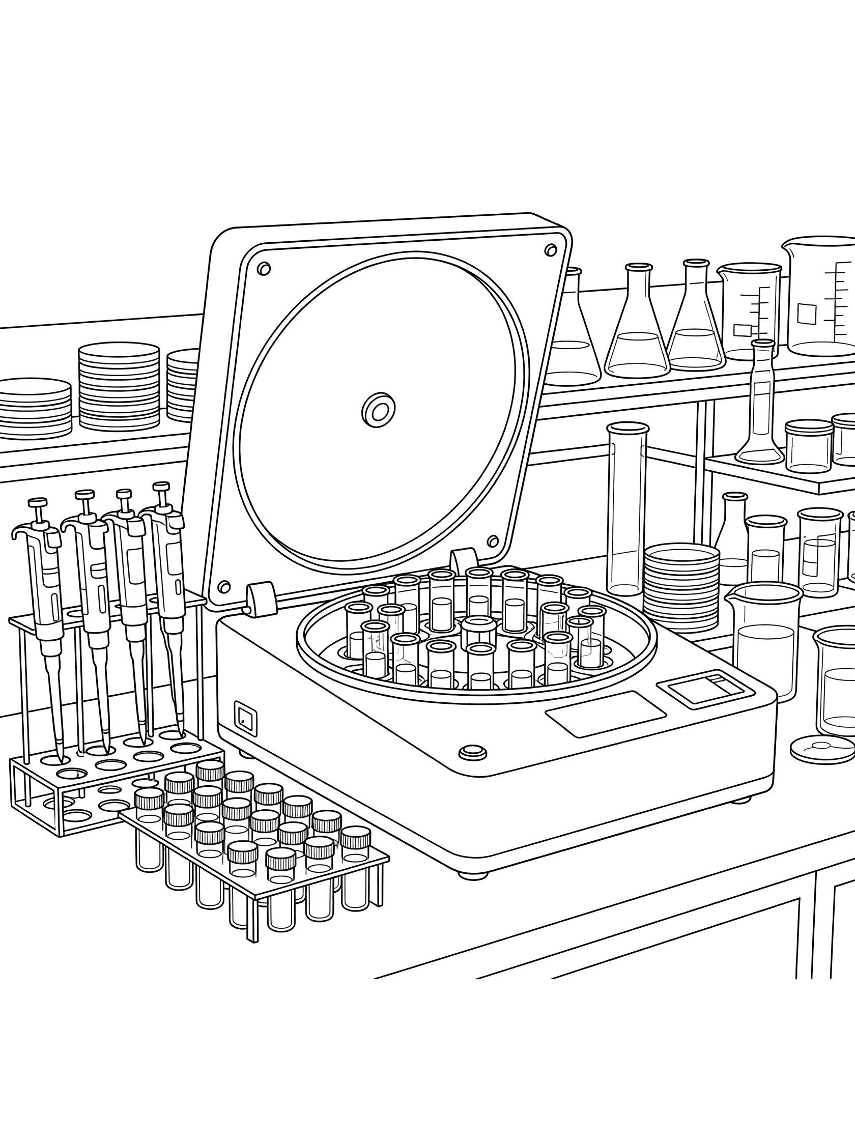 Black and white line art of open centrifuge rotor with test tubes, pipettes in rack, sample vials and lab counter